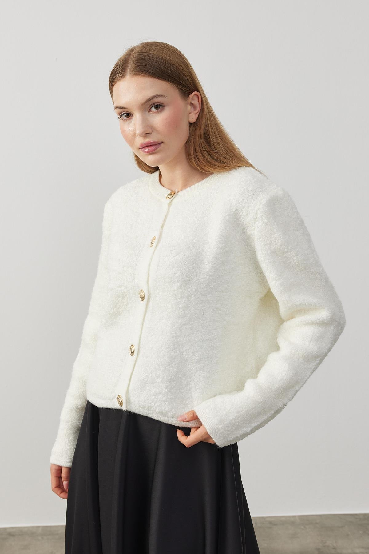 Ceremony Eskitme Düğme Detaylı Buklet Hırka - Ekru