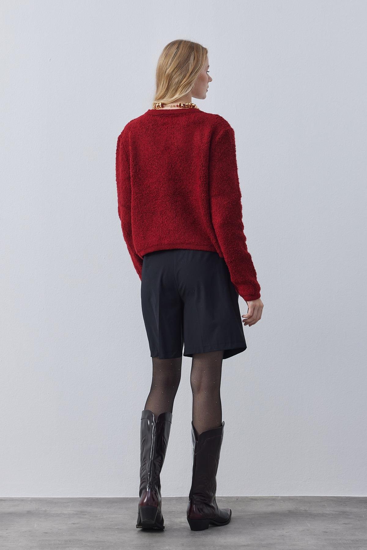 Ceremony Eskitme Düğme Detaylı Buklet Hırka- Bordo