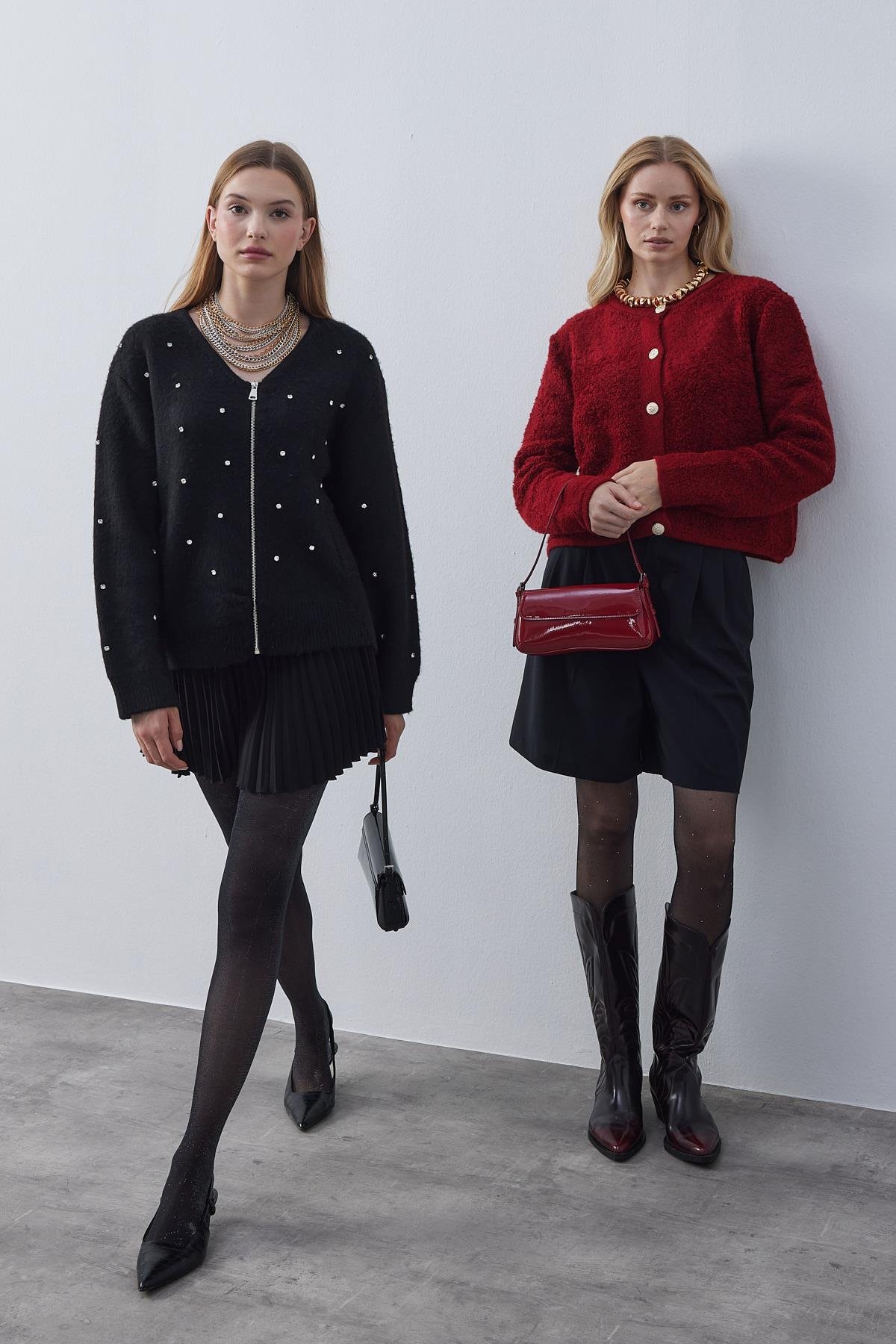 Ceremony Eskitme Düğme Detaylı Buklet Hırka- Bordo