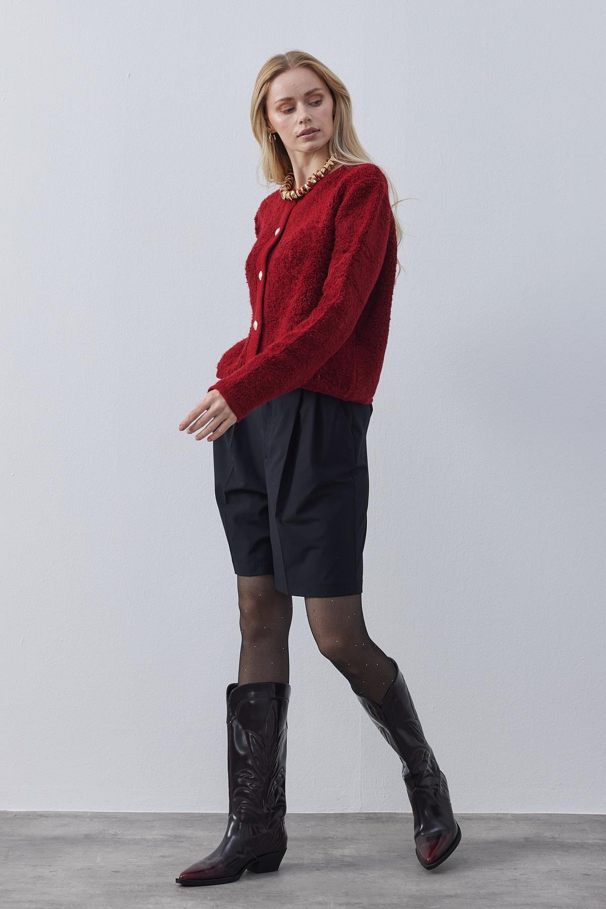 Ceremony Eskitme Düğme Detaylı Buklet Hırka- Bordo