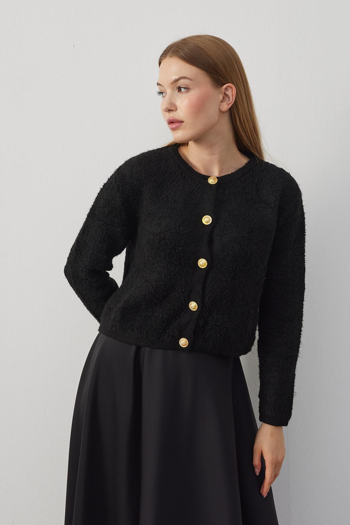 Ceremony Eskitme Düğme Detaylı Buklet Hırka - Siyah