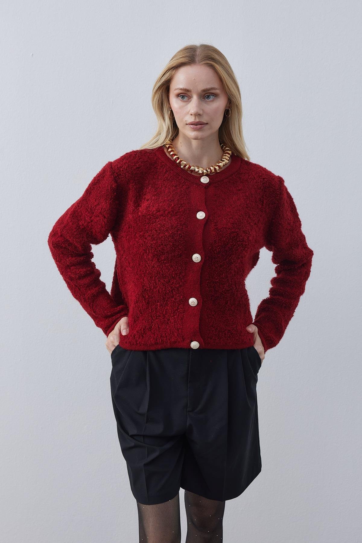 Ceremony Eskitme Düğme Detaylı Buklet Hırka- Bordo