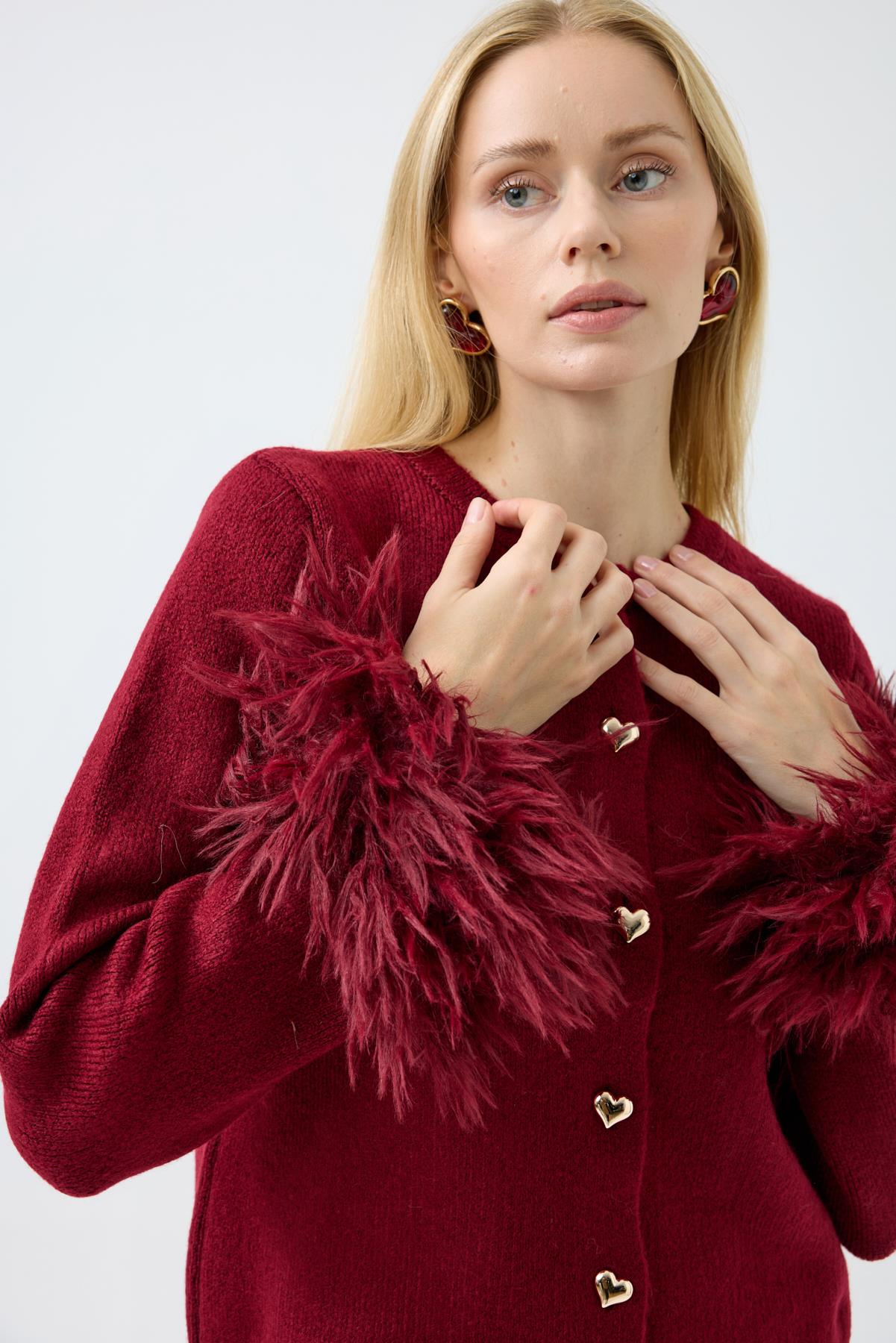 Cherry Kürk Detaylı Hırka - Bordo 