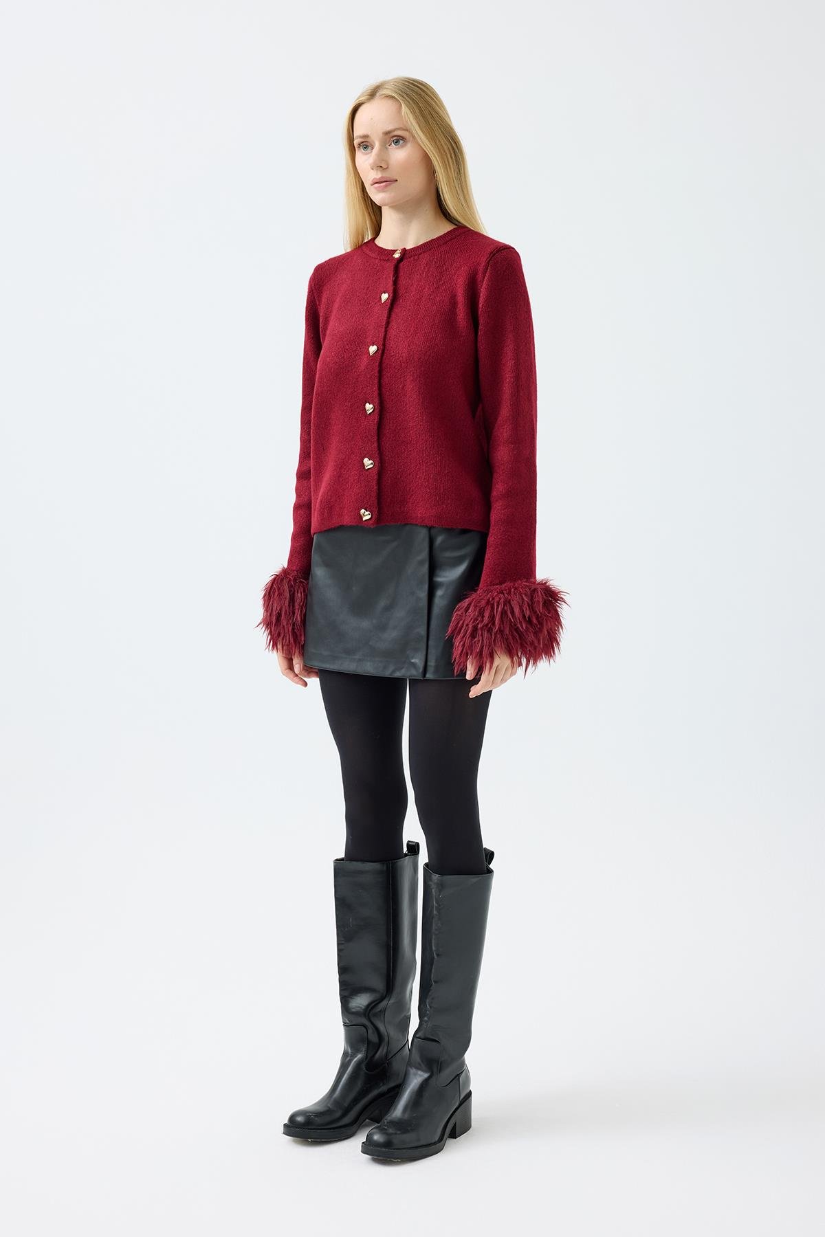 Cherry Kürk Detaylı Hırka - Bordo 
