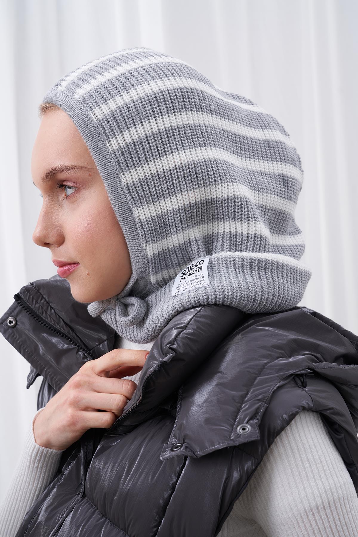 ÇİZGİLİ KAPÜŞONLU BERE - GRİ