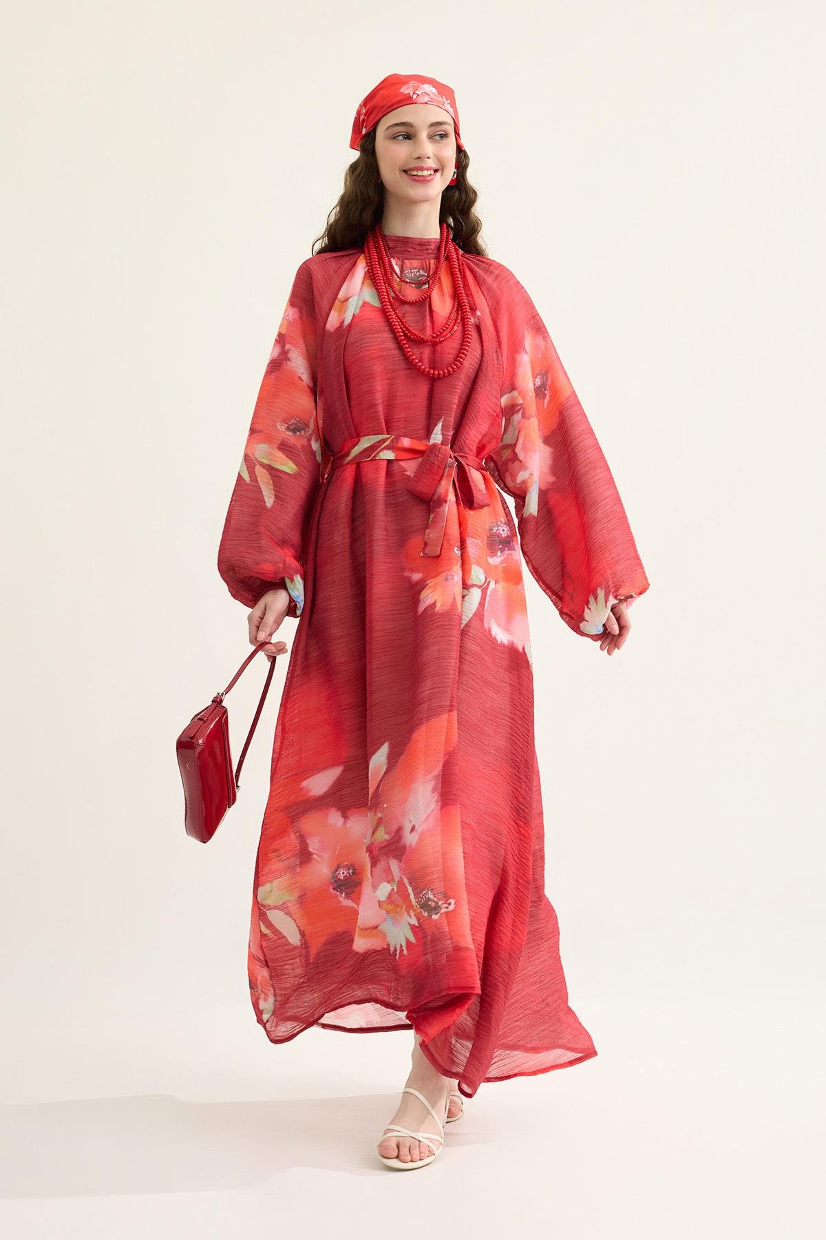 Claire Desenli Vual Elbise - Nar çiçeği