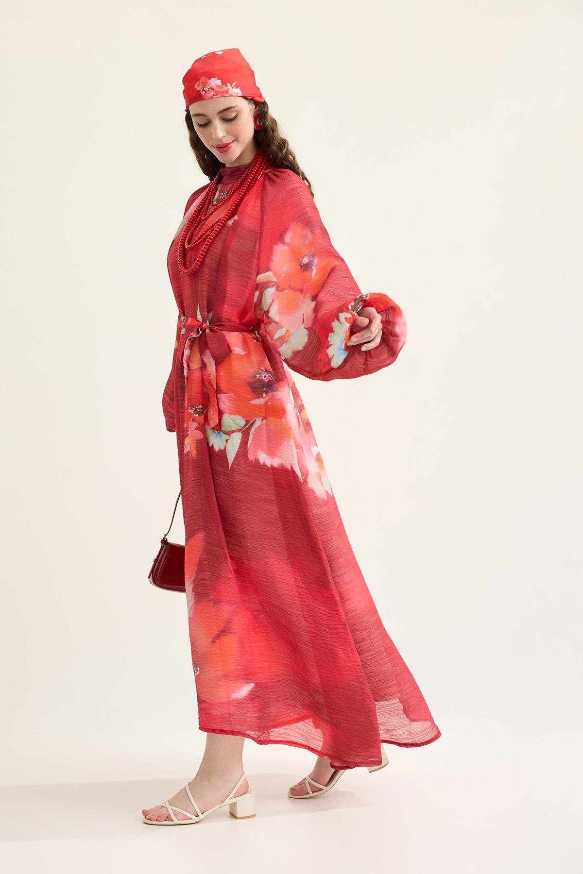 Claire Desenli Vual Elbise - Nar çiçeği