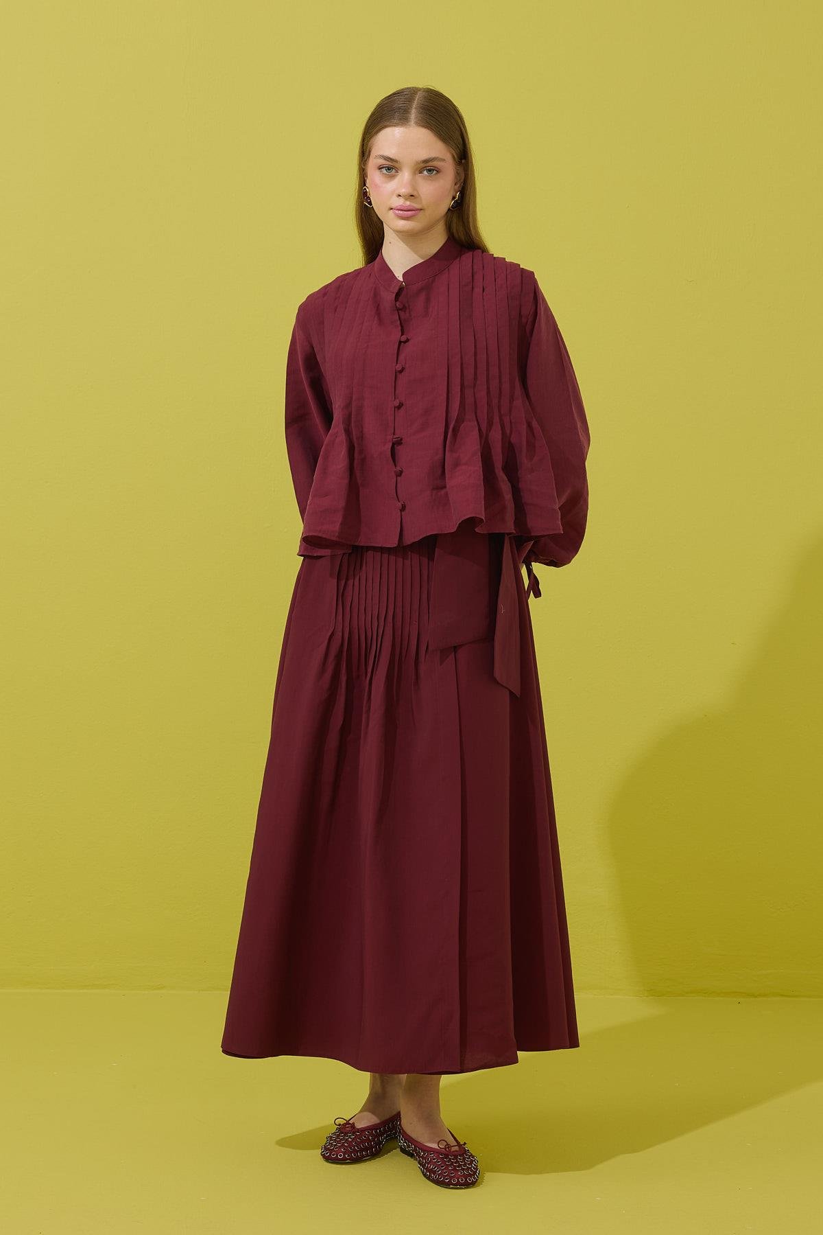 Clara Britt Düğmeli Nervürlü Modal Takım - Bordo