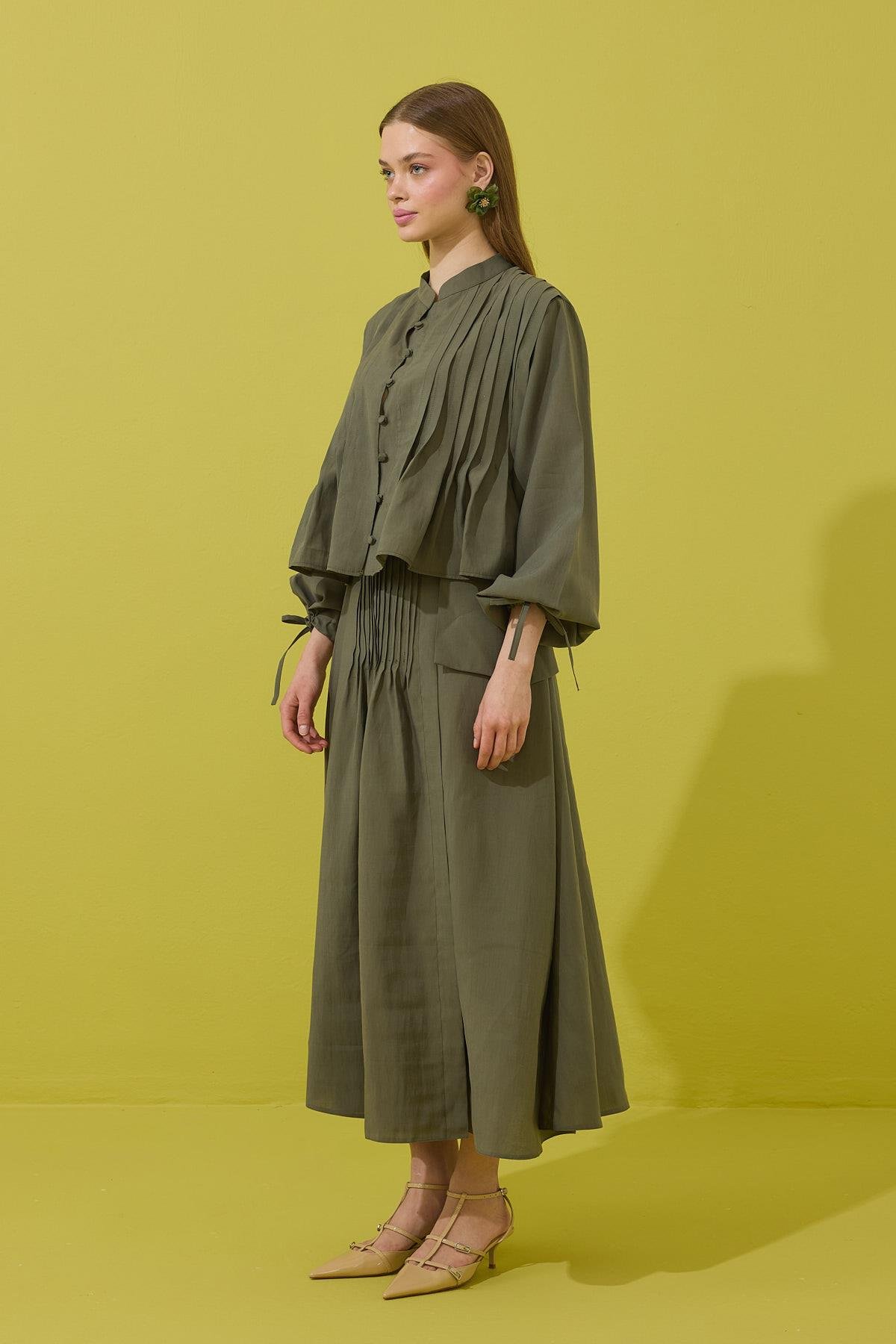 Clara Britt Düğmeli Nervürlü Modal Takım - Haki 