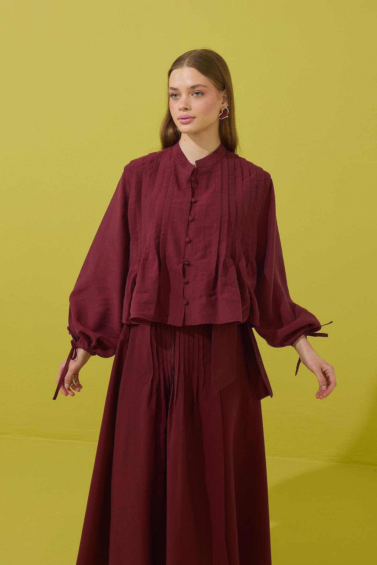 Clara Britt Düğmeli Nervürlü Modal Takım - Bordo