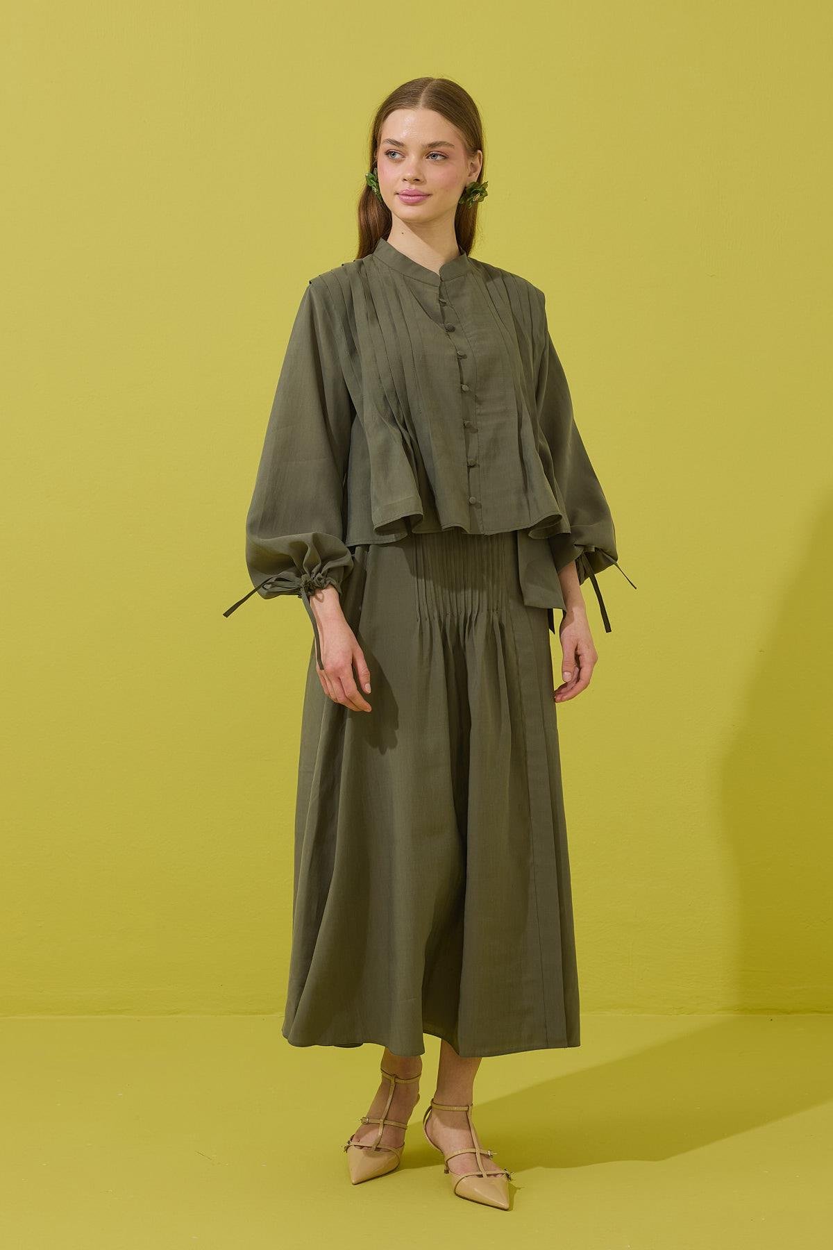 Clara Britt Düğmeli Nervürlü Modal Takım - Haki 