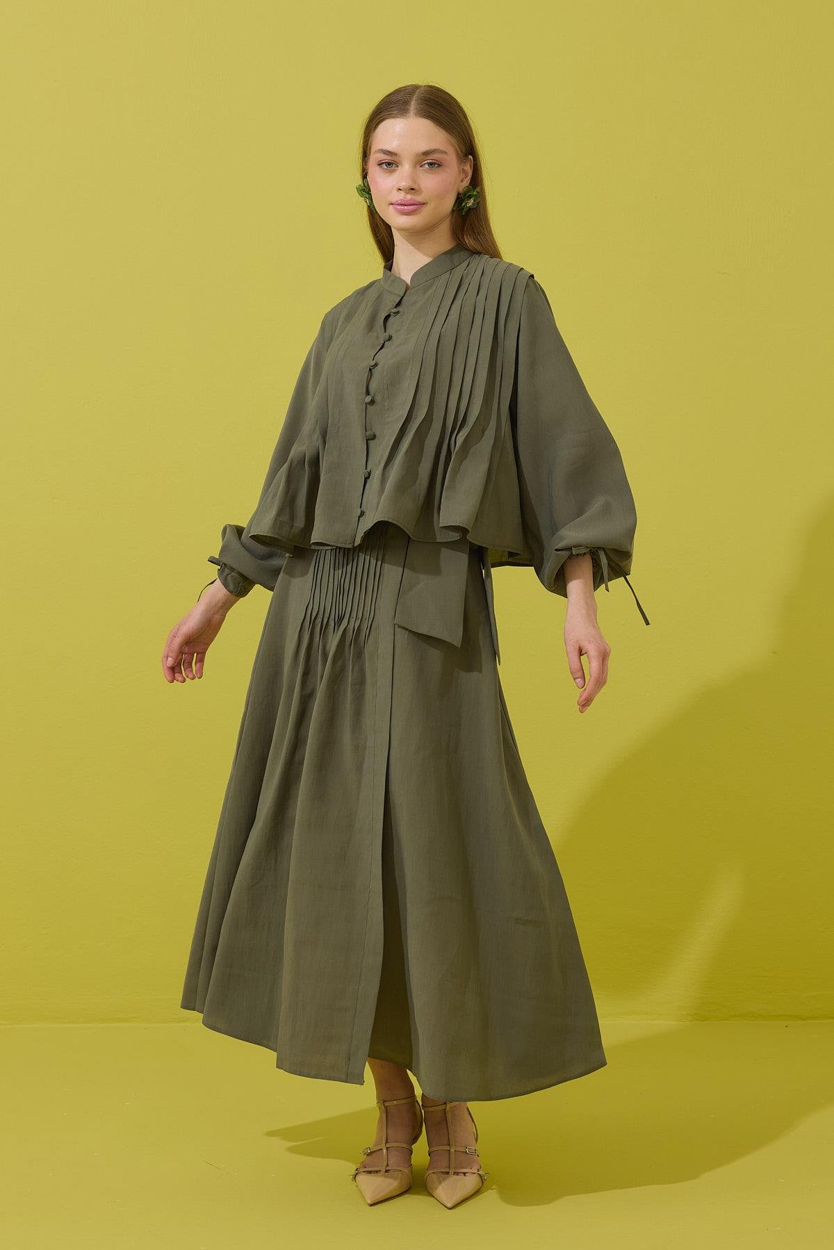 Clara Britt Düğmeli Nervürlü Modal Takım - Haki 