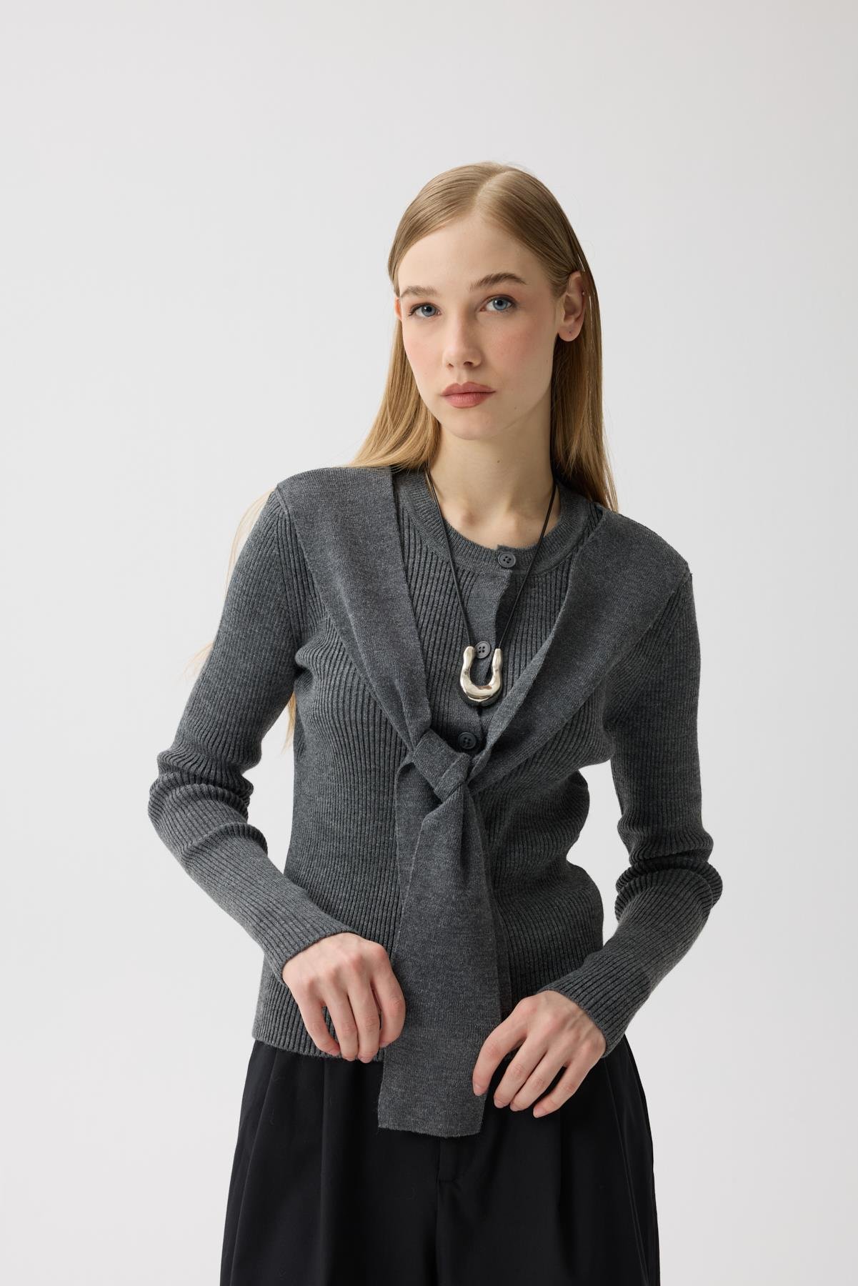 Clemence Atkılı Fitilli Hırka - Antrasit 