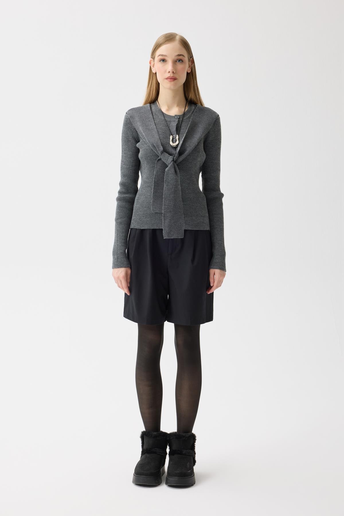 Clemence Atkılı Fitilli Hırka - Antrasit 