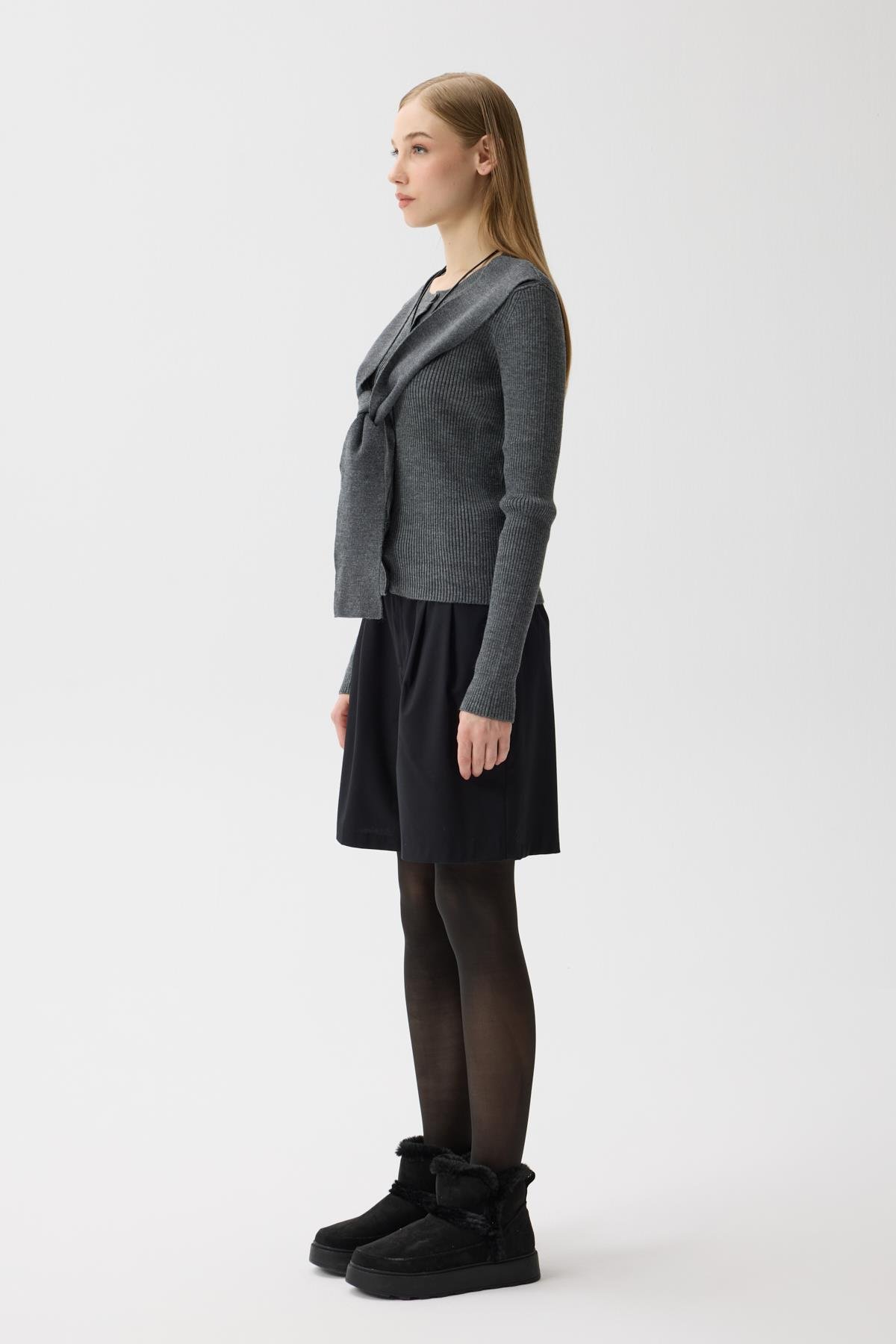 Clemence Atkılı Fitilli Hırka - Antrasit 