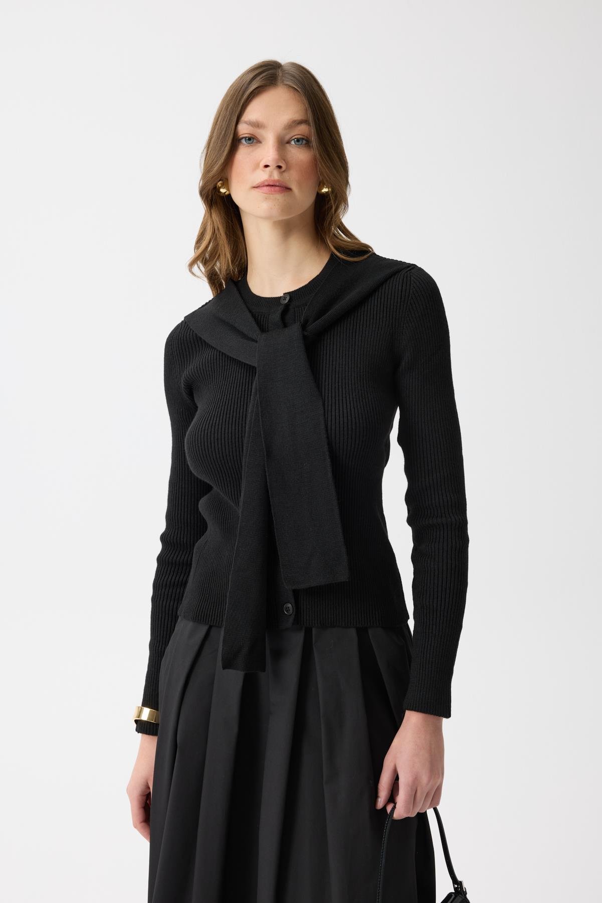 Clemence Atkılı Fitilli Hırka - Siyah