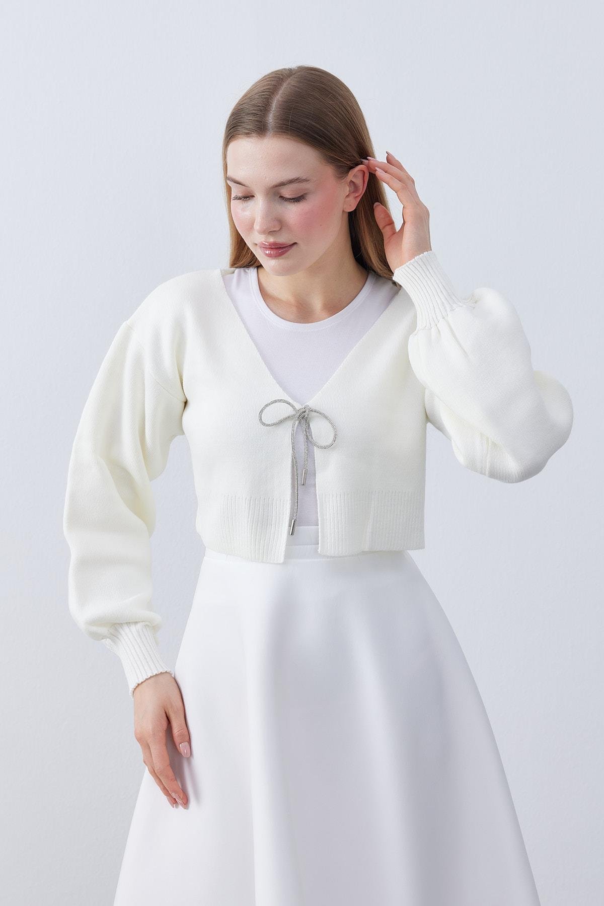 Clover Taşlı Bağcıklı Hırka- Ekru 