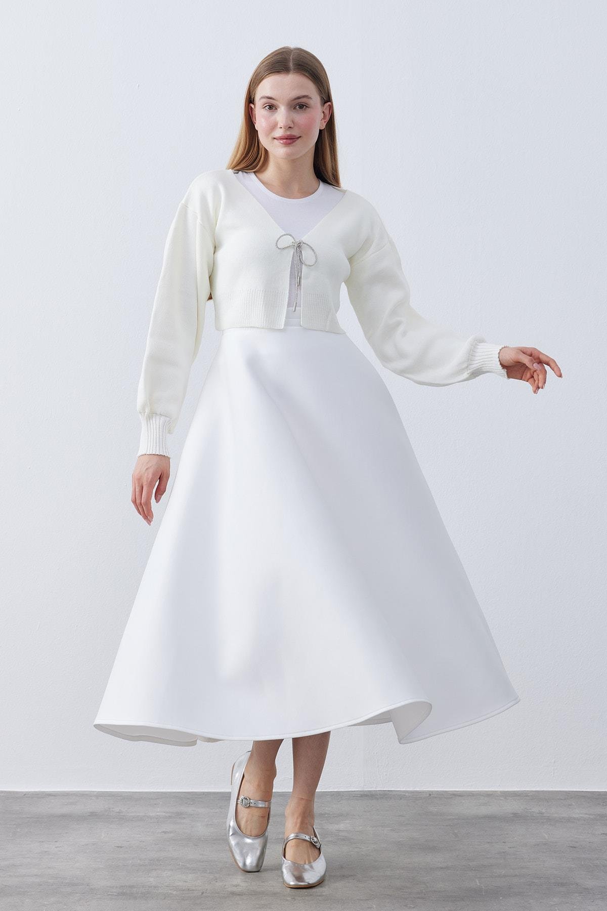 Clover Taşlı Bağcıklı Hırka- Ekru 