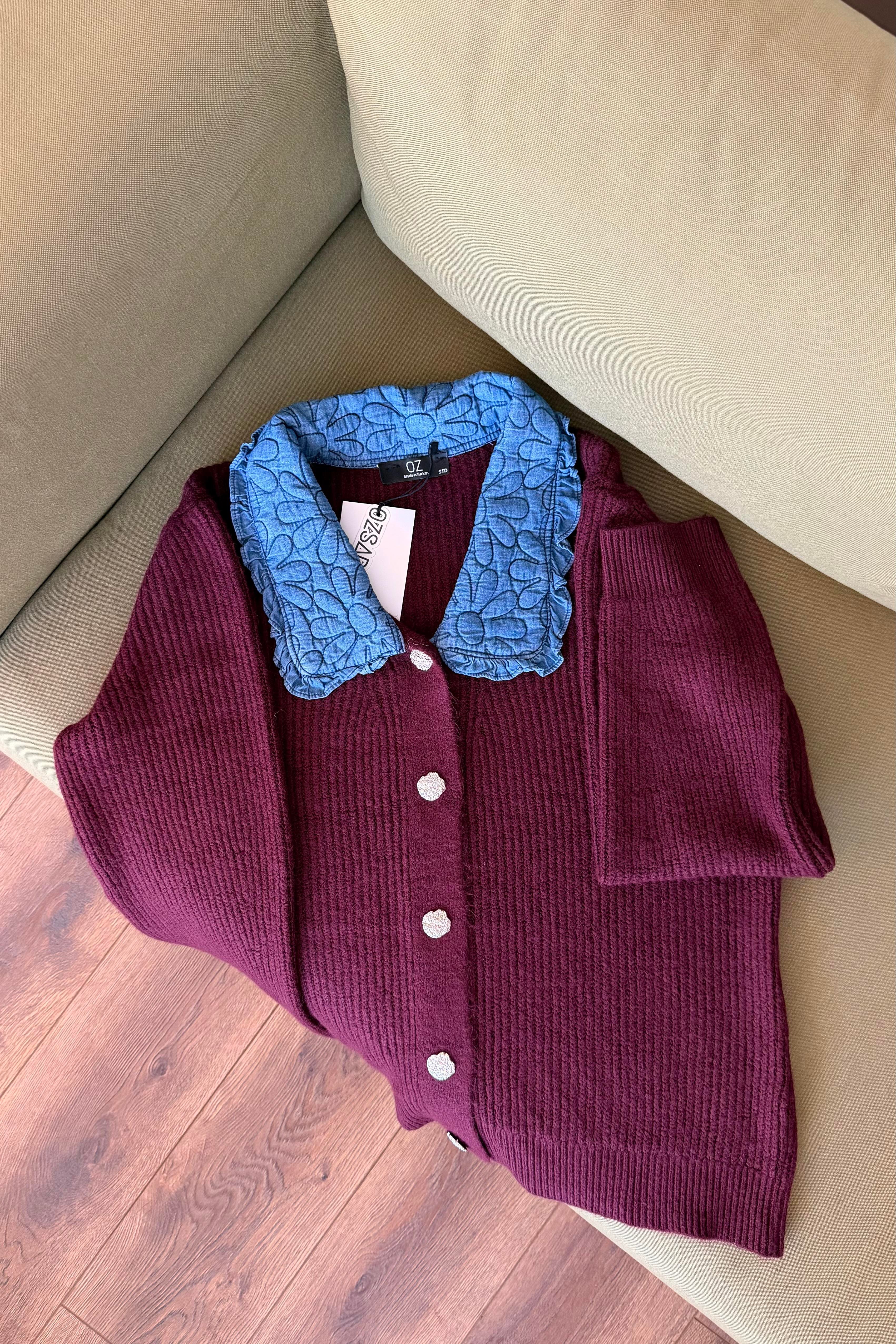 Cordelia Kot Yakalı Aksesuar Düğmeli Hırka - Bordo