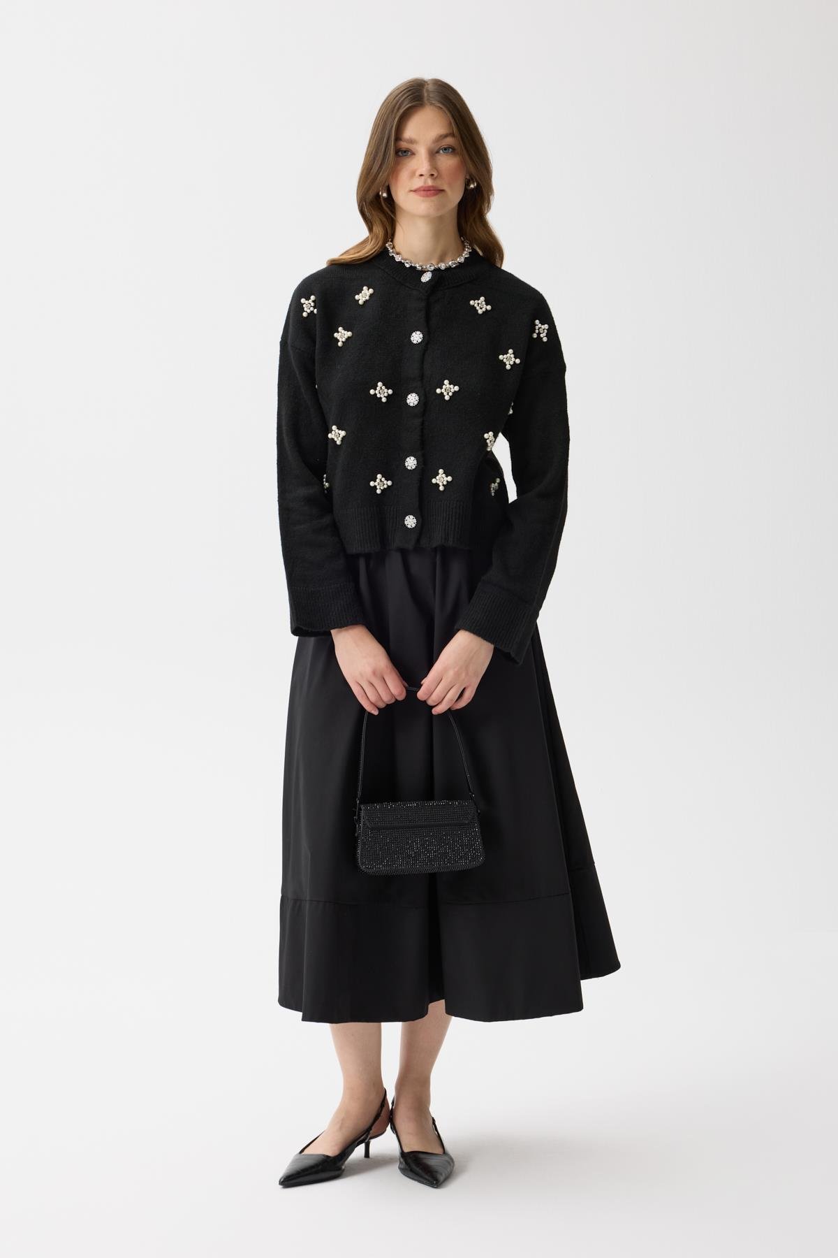 Cresida İnci İşlemeli Hırka - Siyah