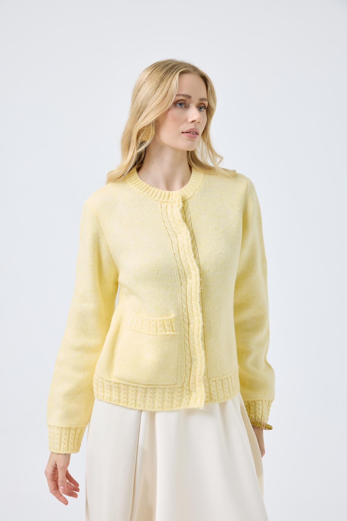 Cruz Cepli Çıtçıtlı Örme Hırka  - Sarı 