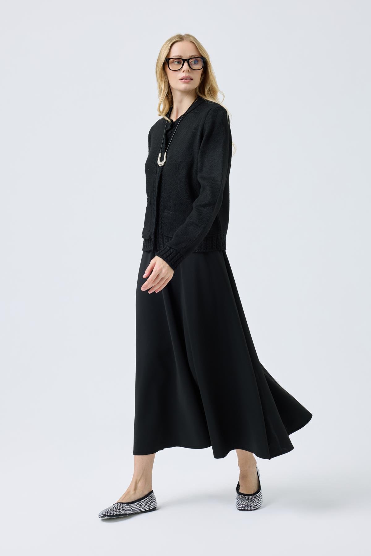 Cruz Cepli Çıtçıtlı Örme Hırka - Siyah 