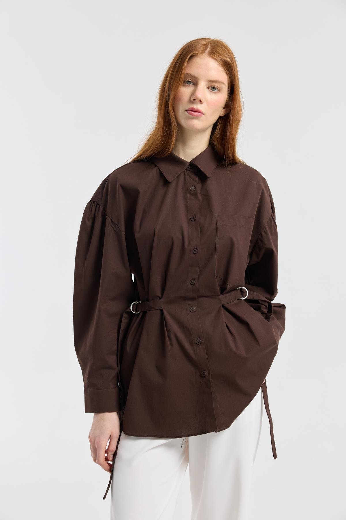 D Tokalı Balon Kol Poplin Gömlek - Acı kahve