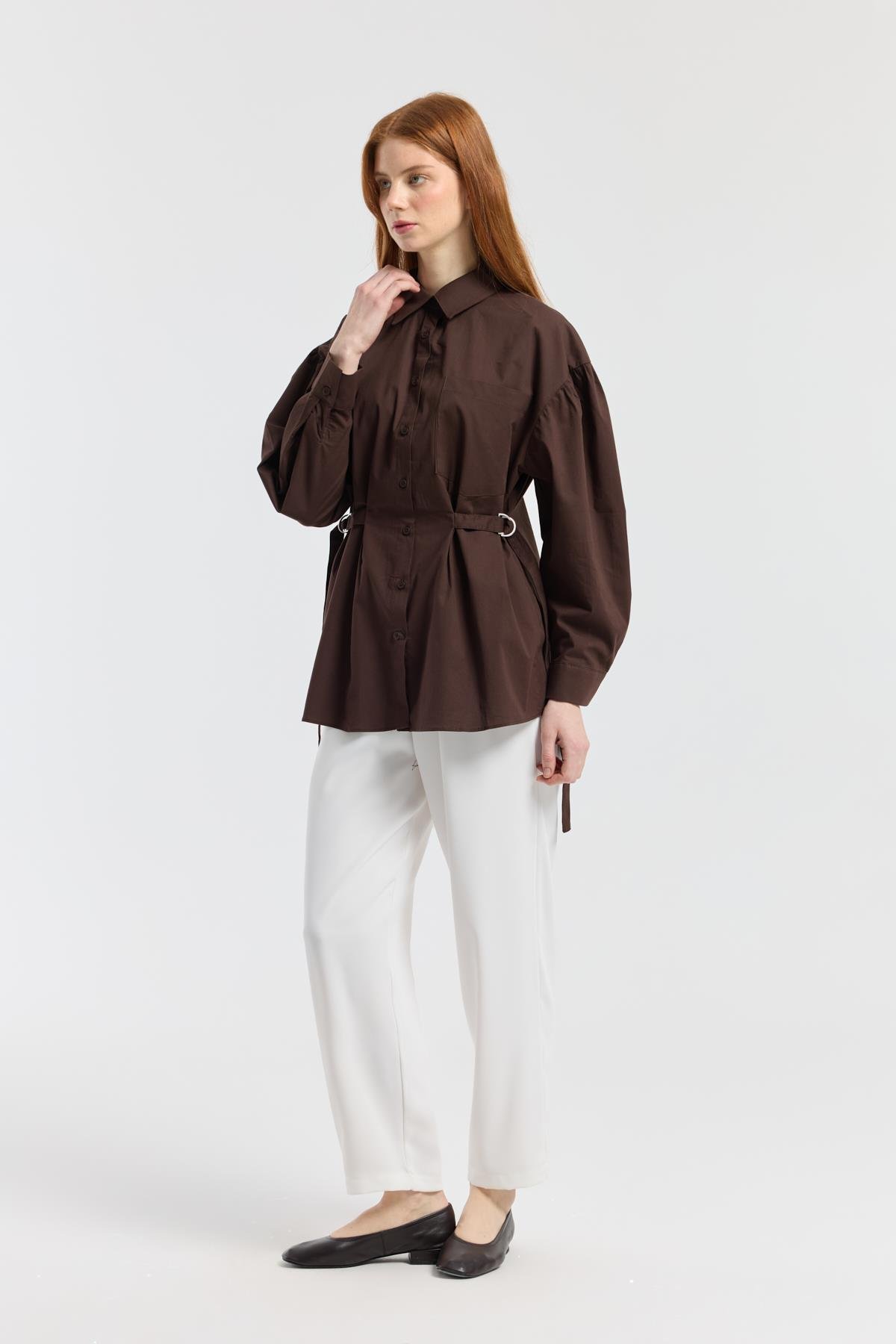 D Tokalı Balon Kol Poplin Gömlek - Acı kahve