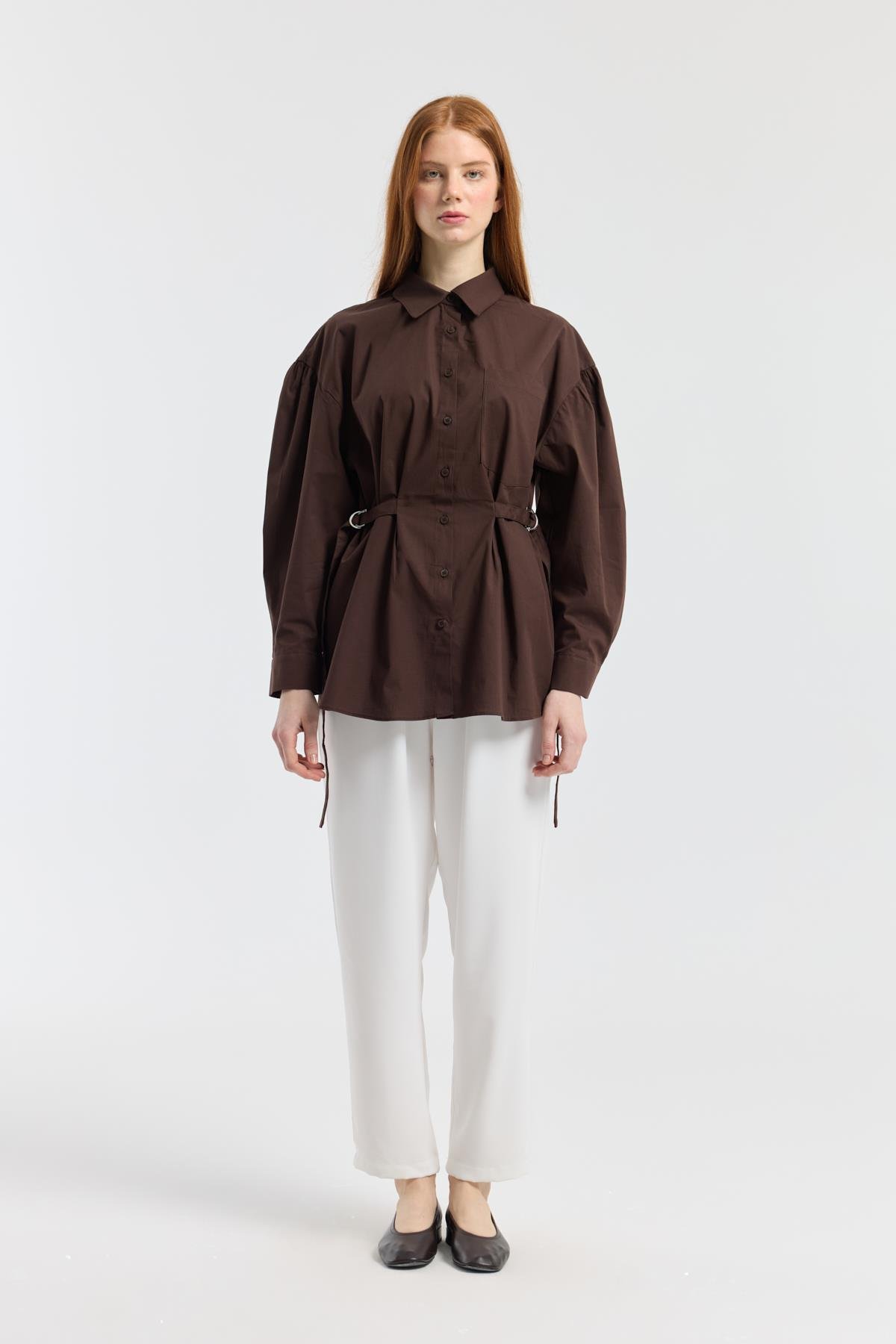 D Tokalı Balon Kol Poplin Gömlek - Acı kahve