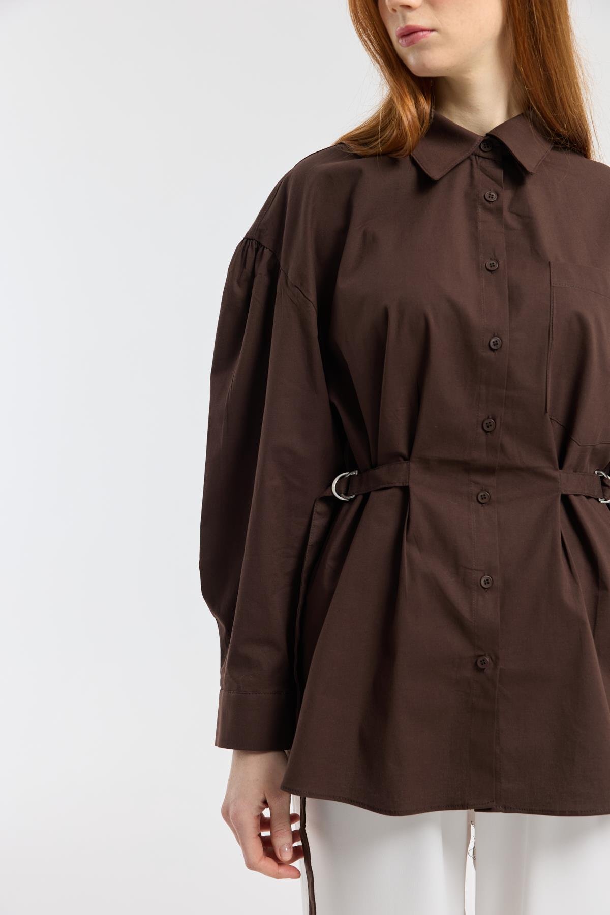 D Tokalı Balon Kol Poplin Gömlek - Acı kahve