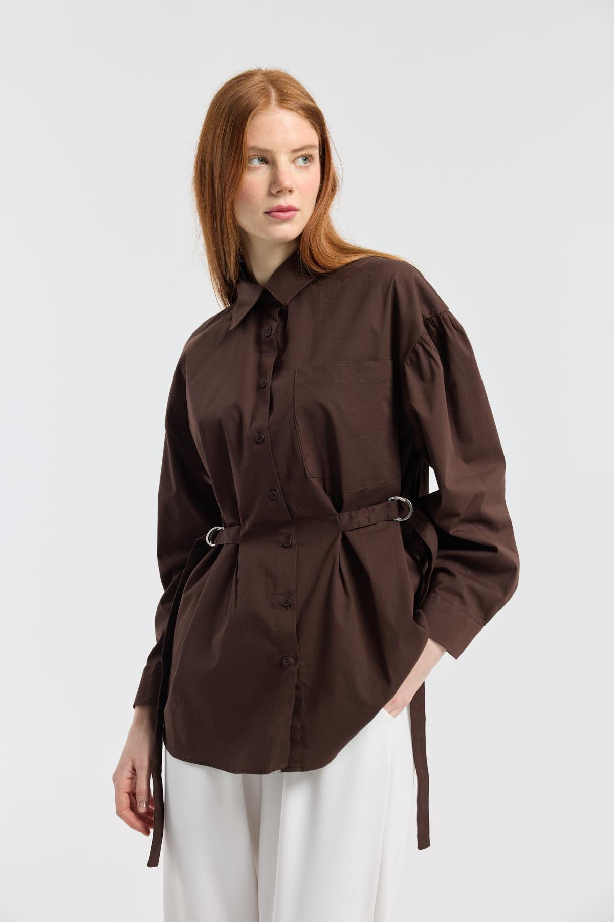 D Tokalı Balon Kol Poplin Gömlek - Acı kahve
