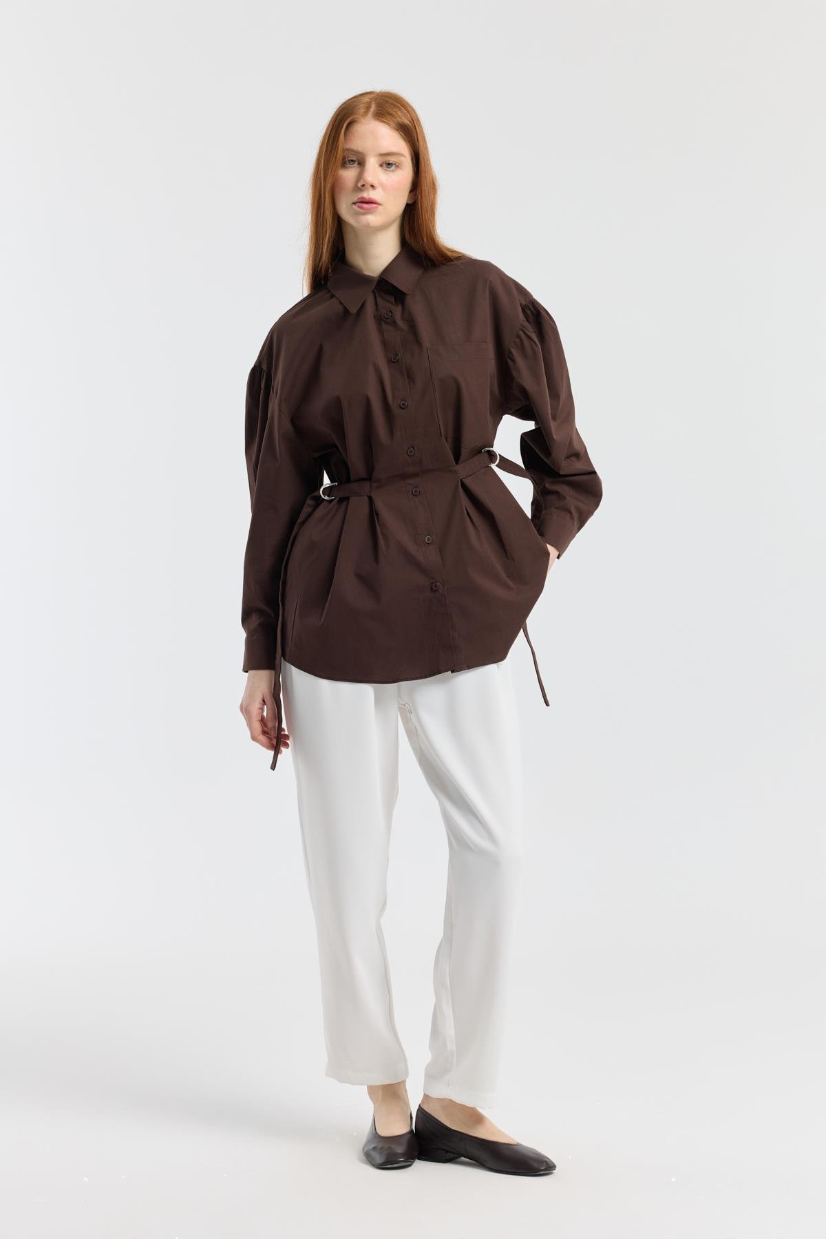 D Tokalı Balon Kol Poplin Gömlek - Acı kahve