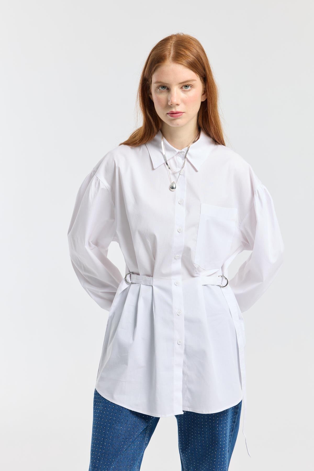 D Tokalı Balon Kol Poplin Gömlek - Beyaz