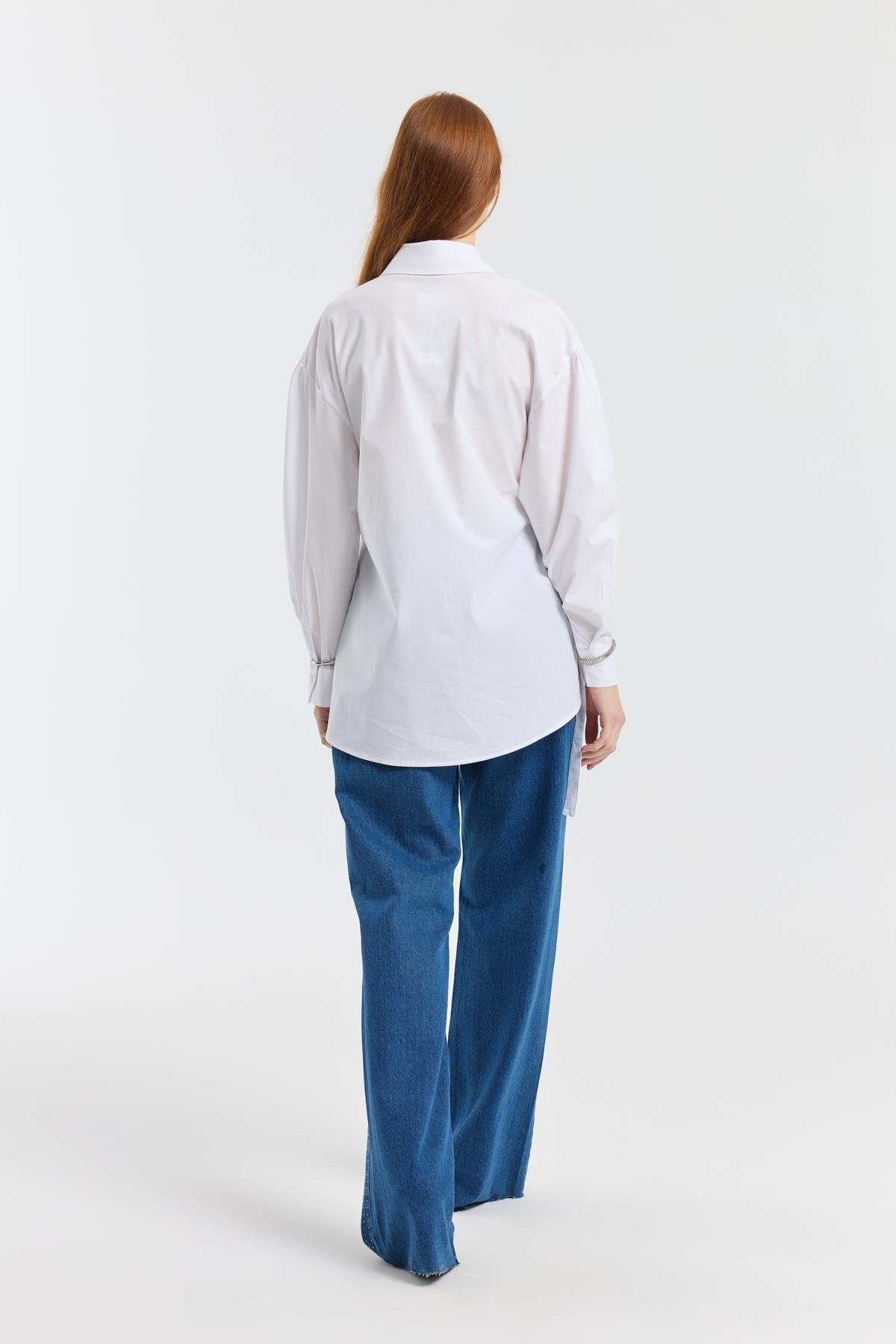 D Tokalı Balon Kol Poplin Gömlek - Beyaz