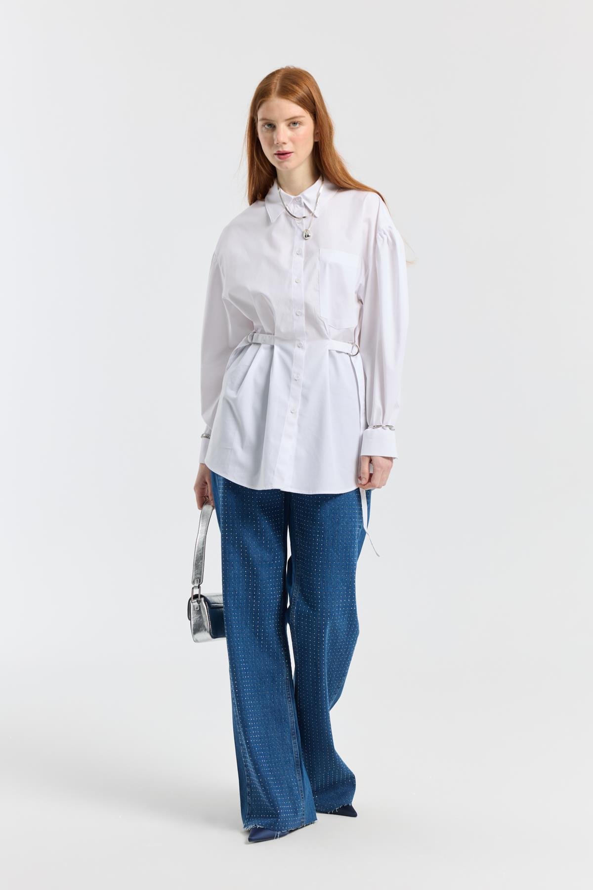 D Tokalı Balon Kol Poplin Gömlek - Beyaz