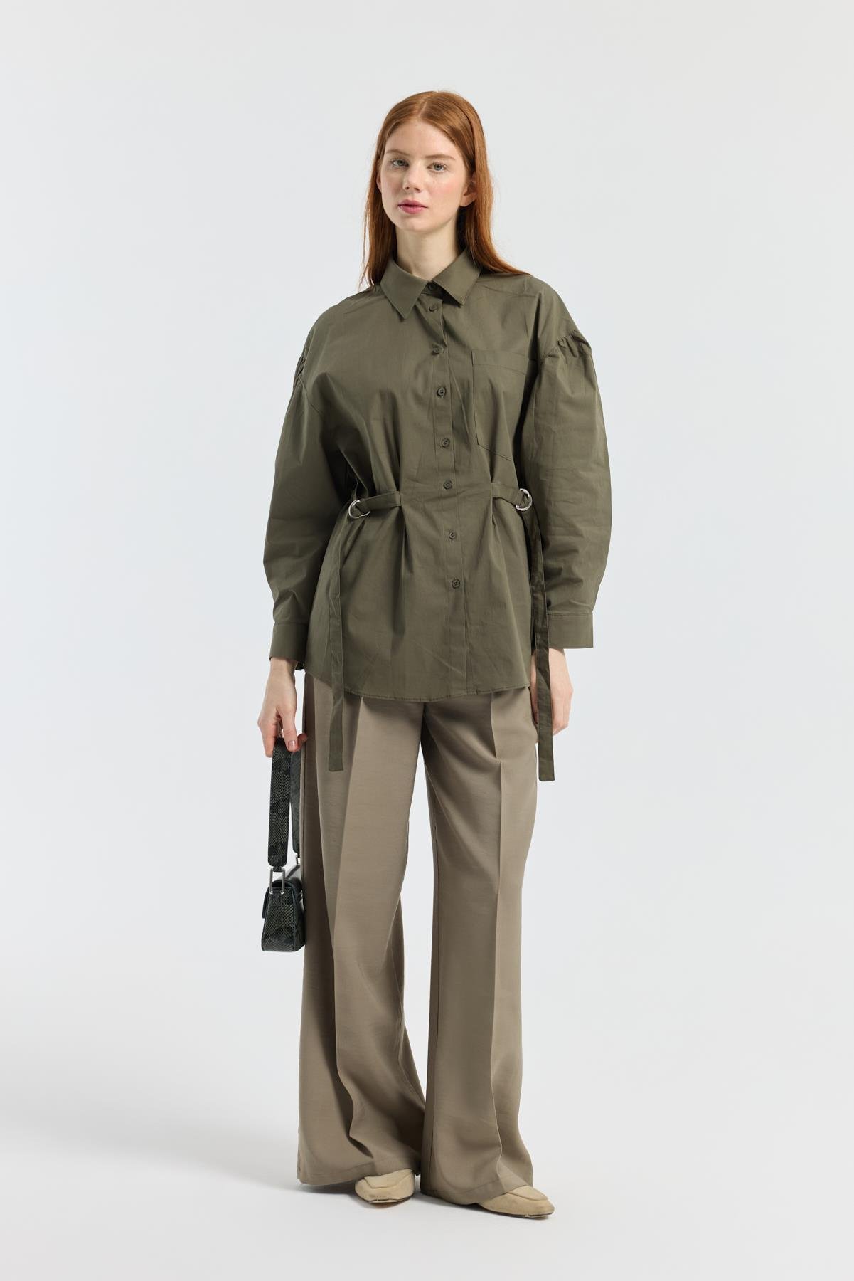 D Tokalı Balon Kol Poplin Gömlek - Haki 