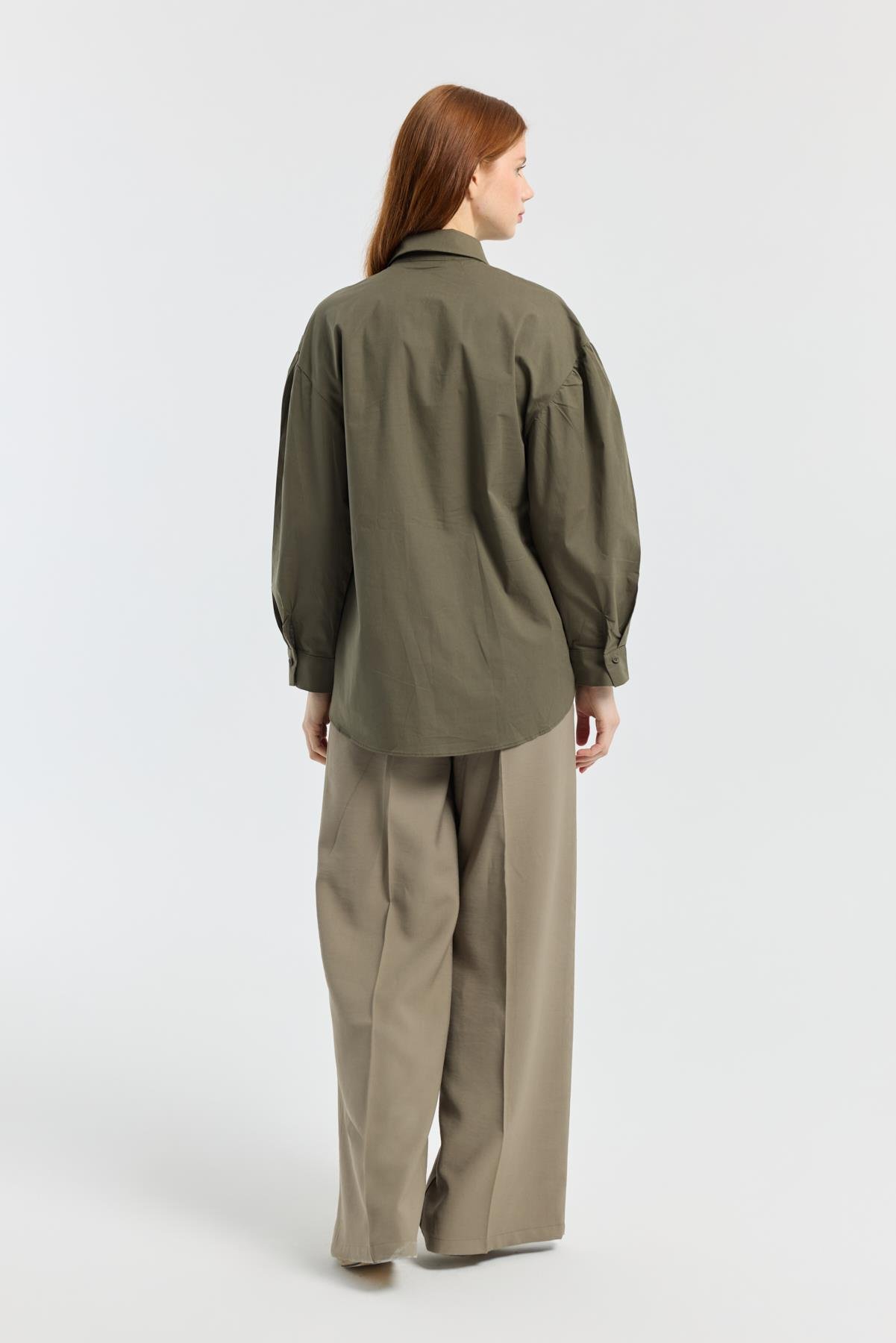 D Tokalı Balon Kol Poplin Gömlek - Haki 