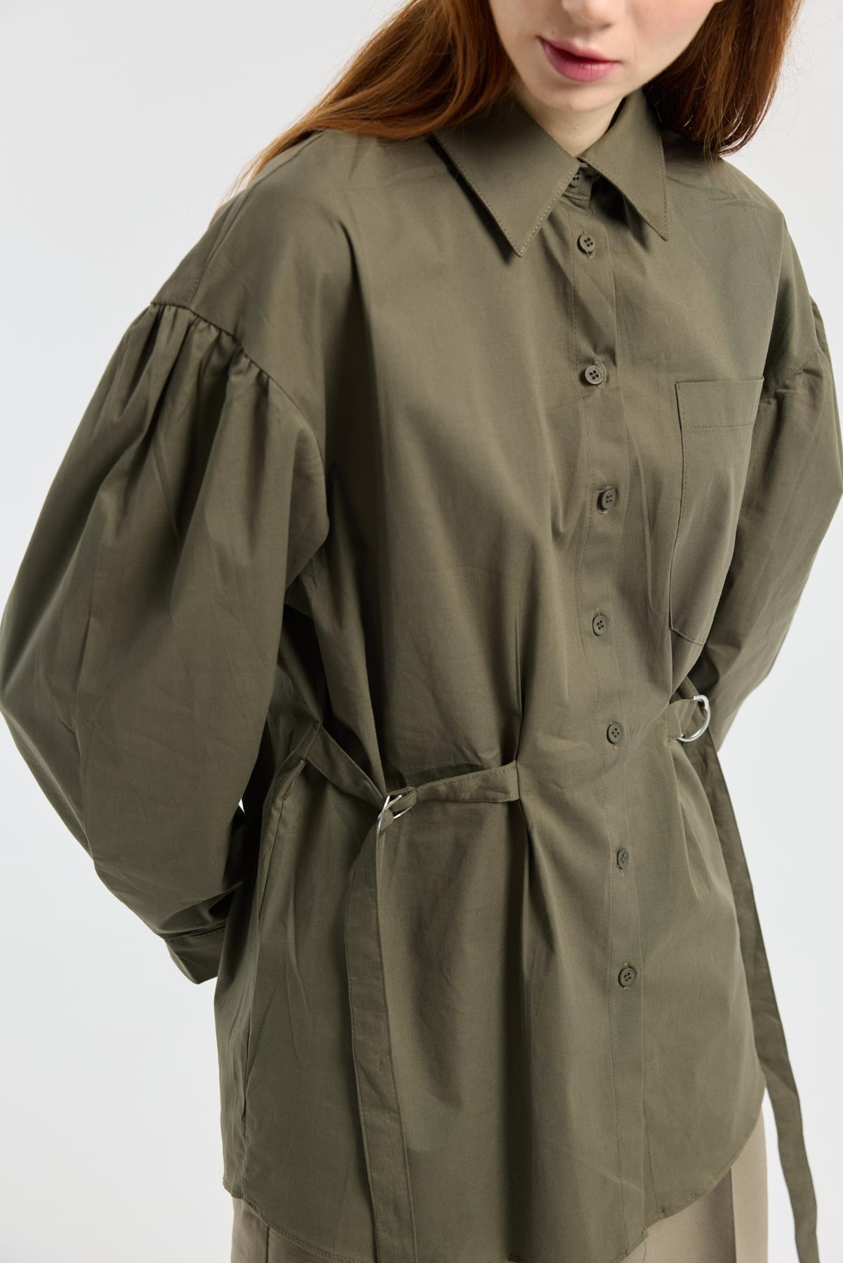 D Tokalı Balon Kol Poplin Gömlek - Haki 