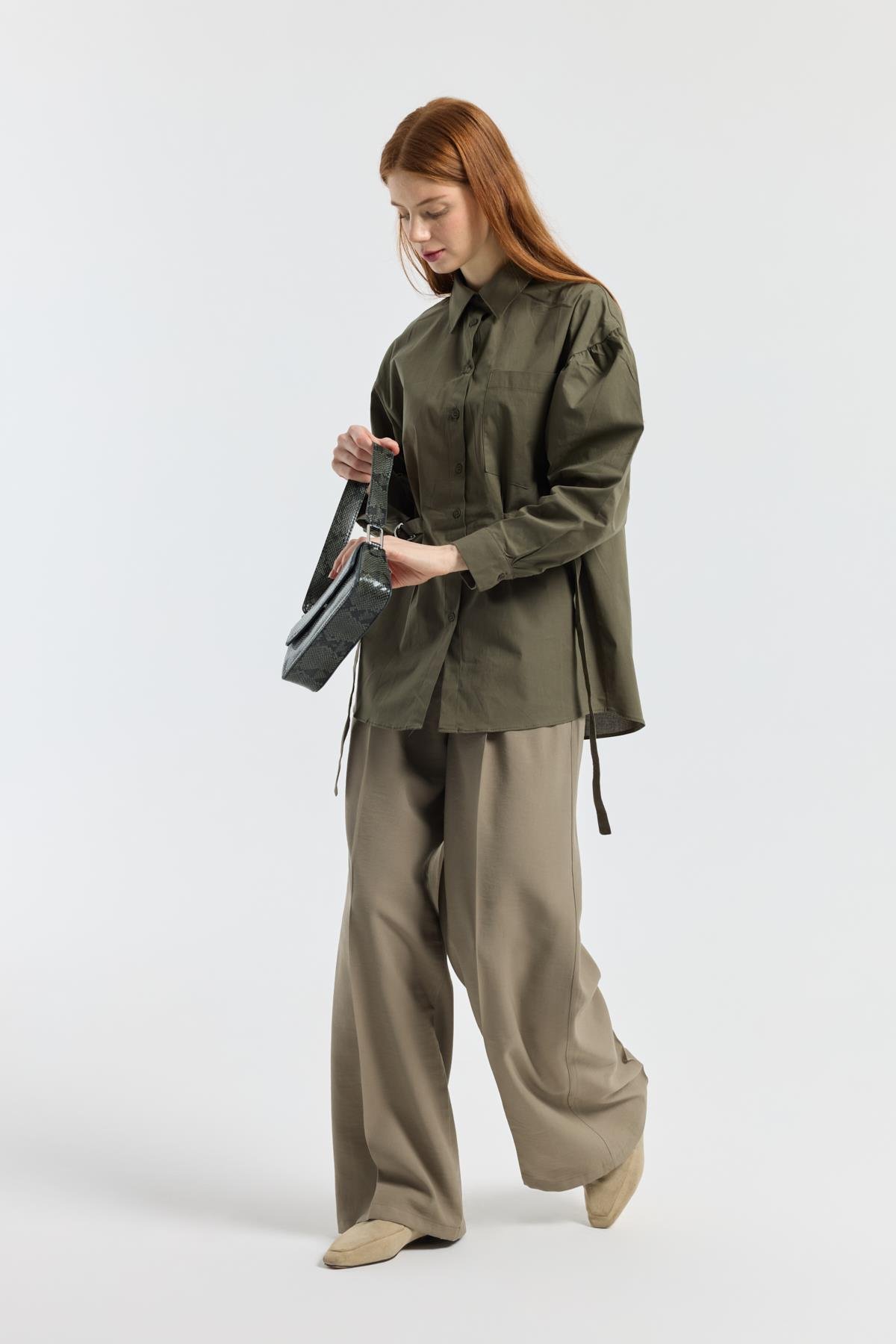 D Tokalı Balon Kol Poplin Gömlek - Haki 