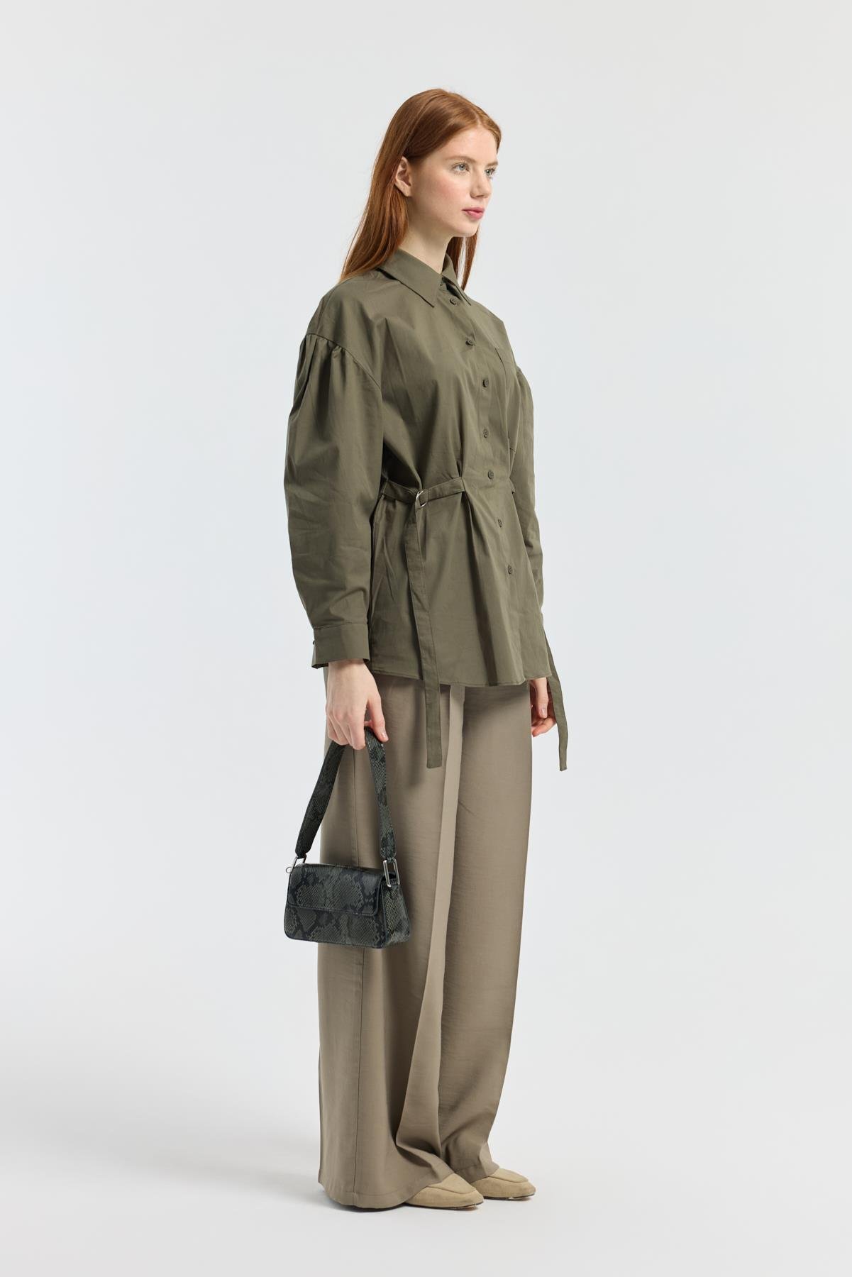 D Tokalı Balon Kol Poplin Gömlek - Haki 