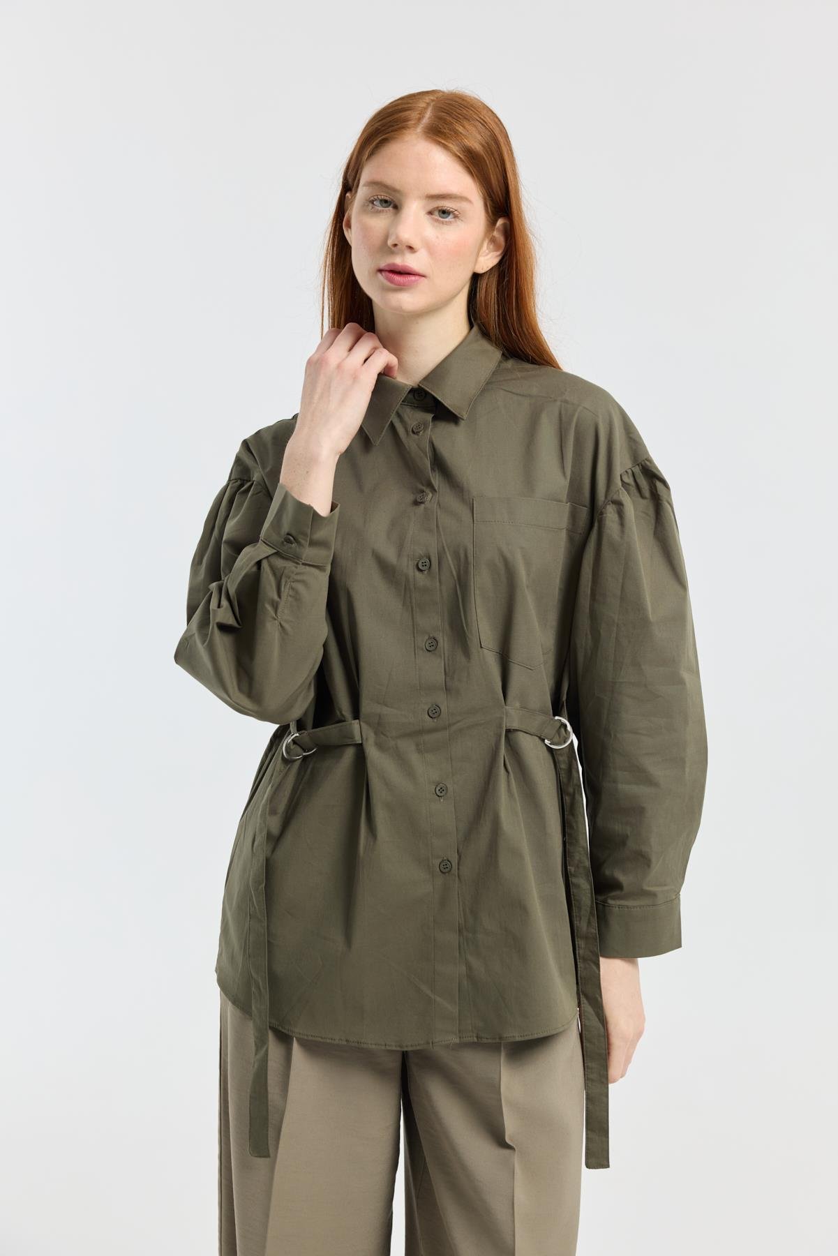 D Tokalı Balon Kol Poplin Gömlek - Haki 