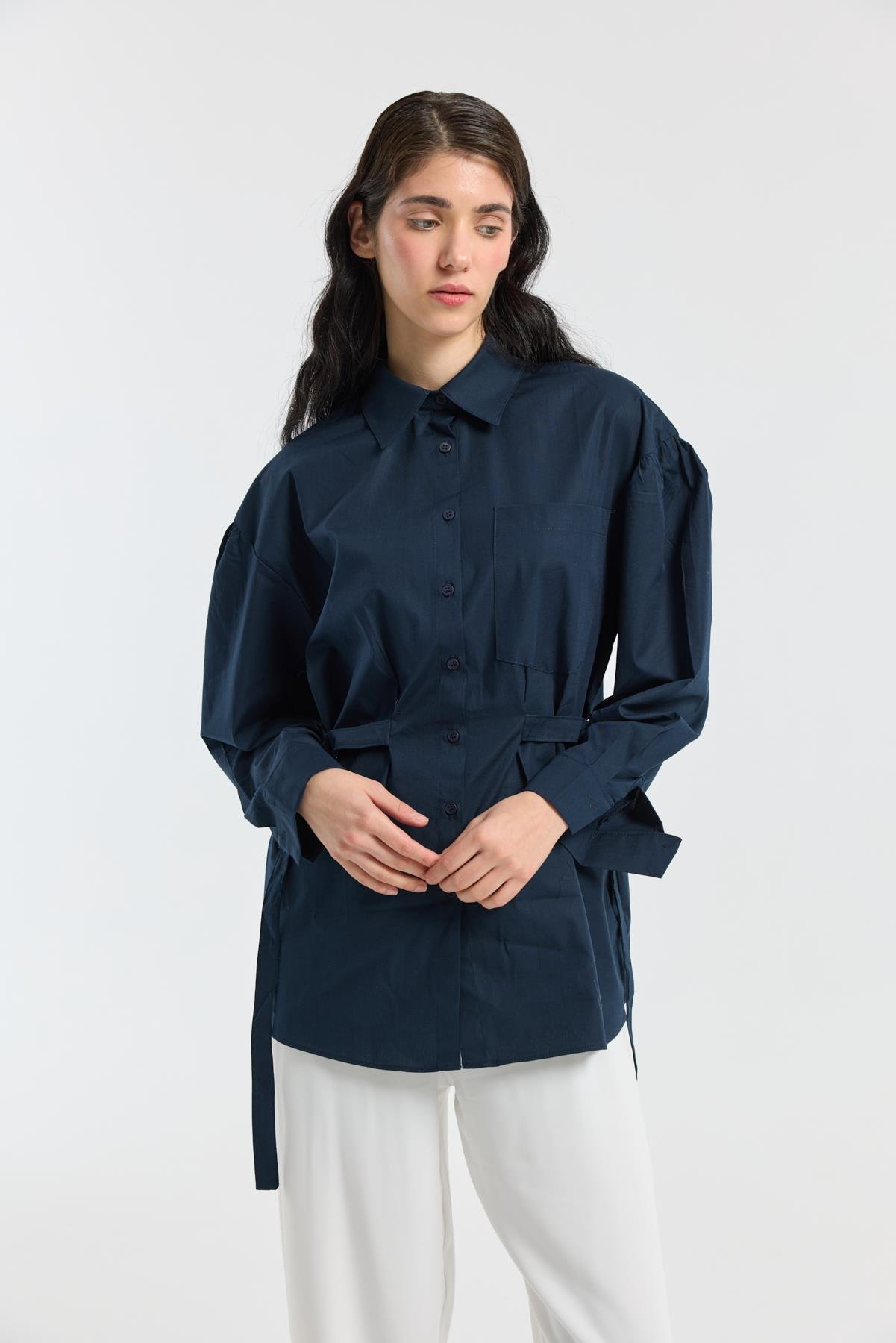 D Tokalı Balon Kol Poplin Gömlek - Lacivert