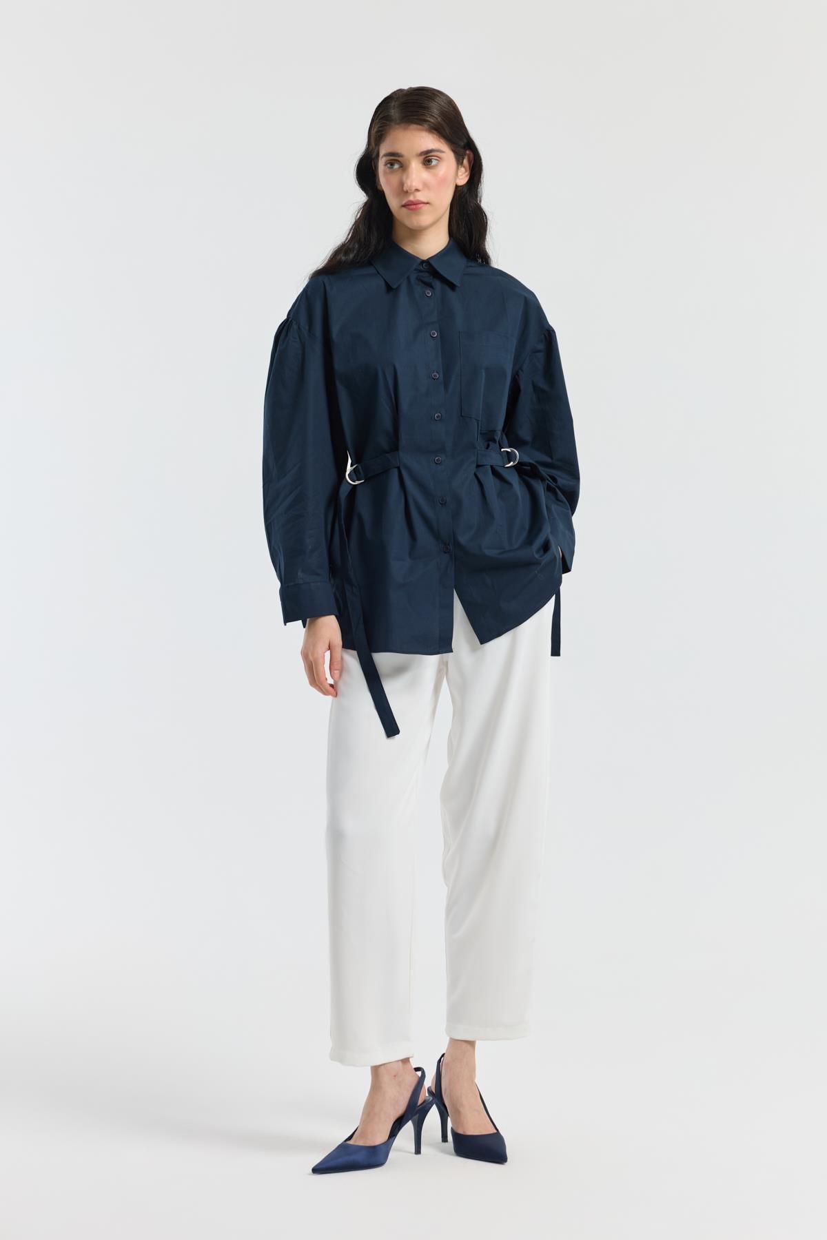 D Tokalı Balon Kol Poplin Gömlek - Lacivert