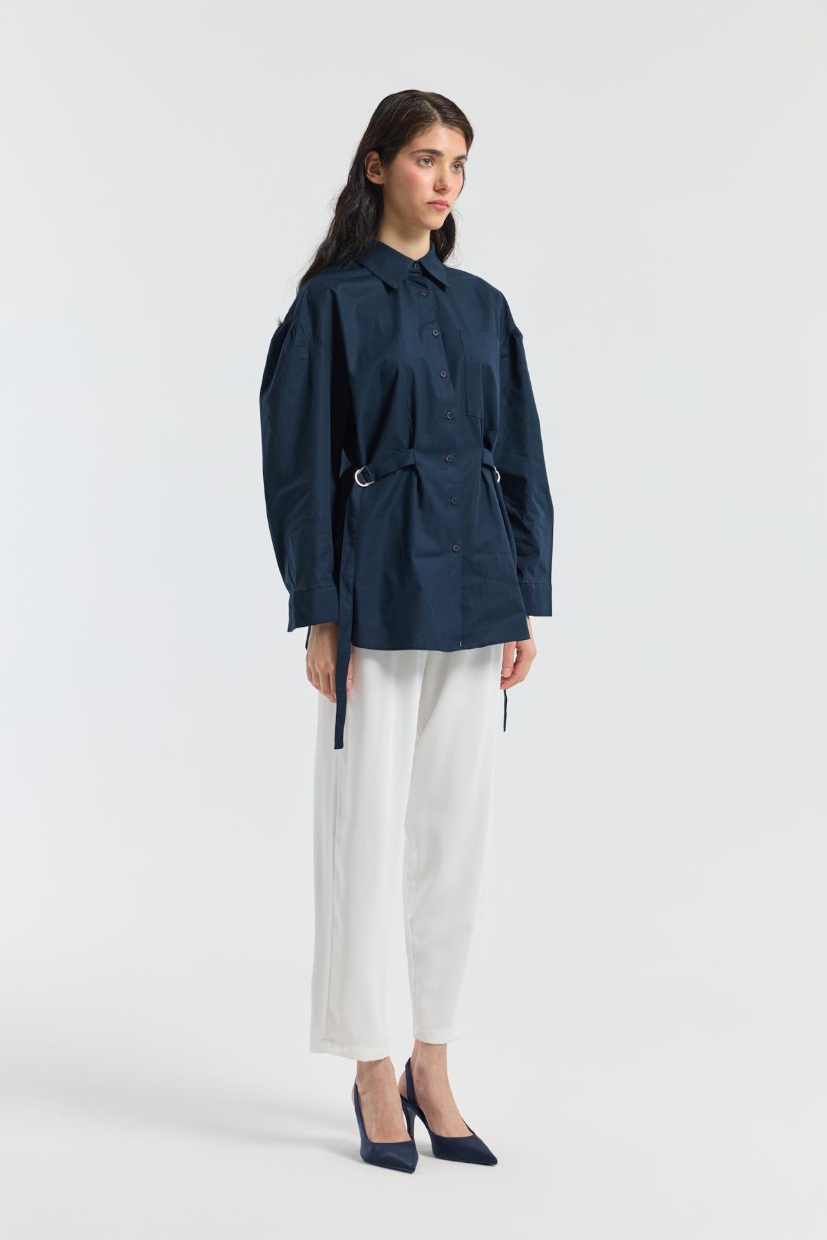 D Tokalı Balon Kol Poplin Gömlek - Lacivert