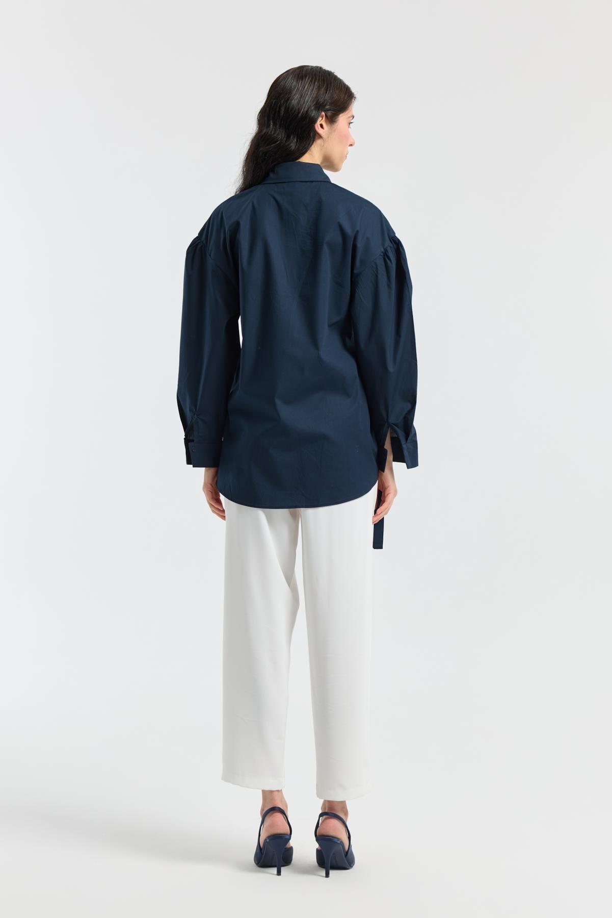 D Tokalı Balon Kol Poplin Gömlek - Lacivert