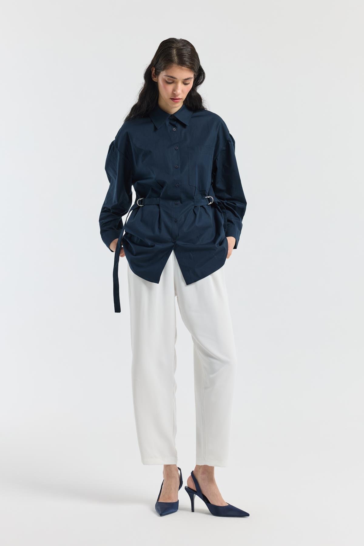 D Tokalı Balon Kol Poplin Gömlek - Lacivert