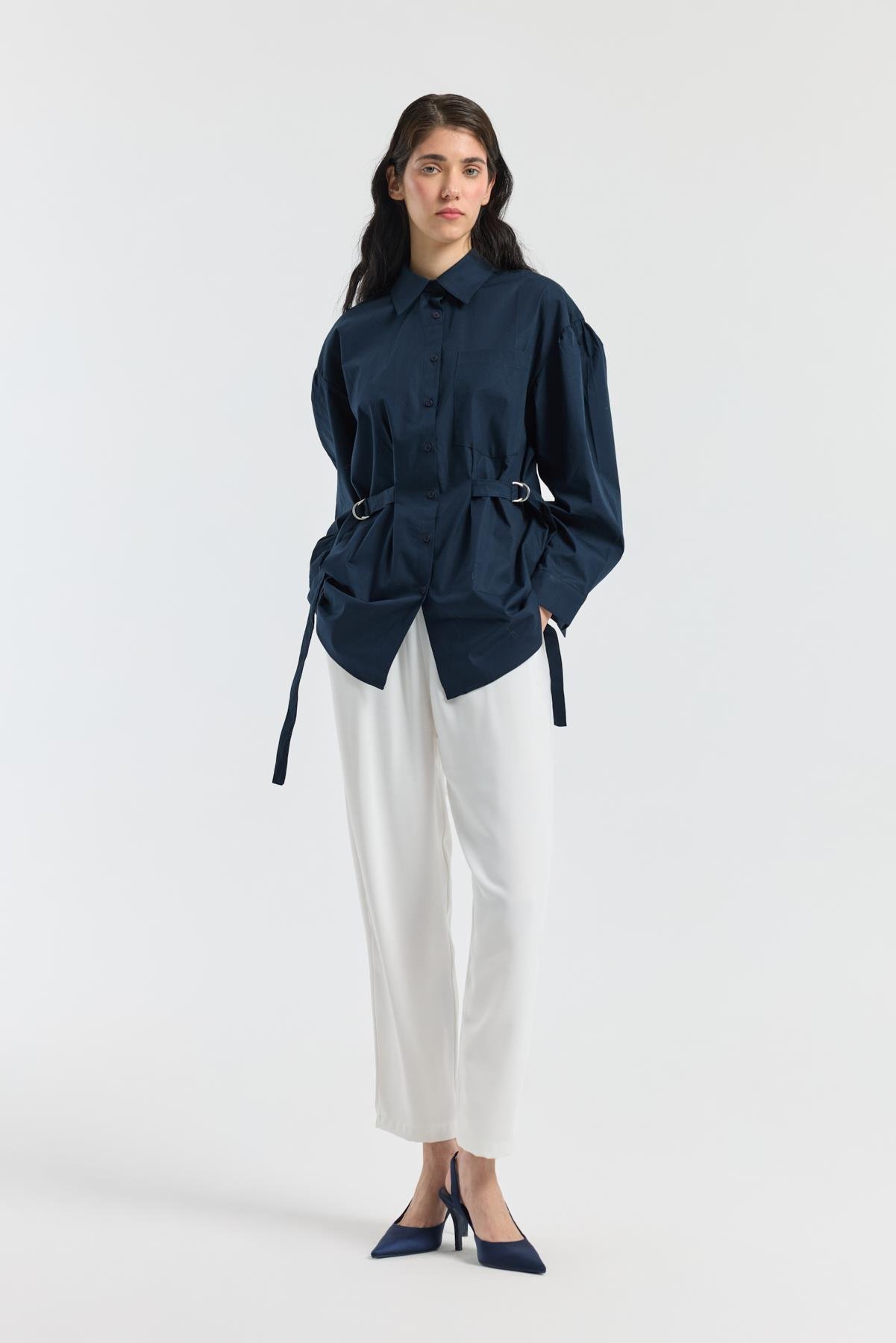 D Tokalı Balon Kol Poplin Gömlek - Lacivert