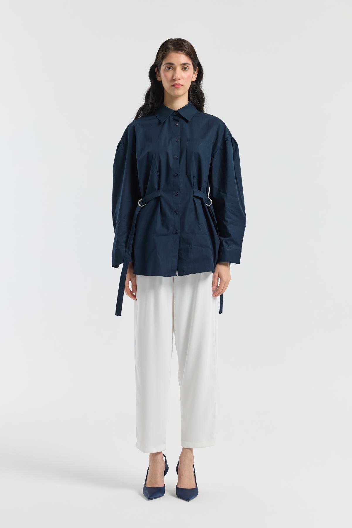 D Tokalı Balon Kol Poplin Gömlek - Lacivert