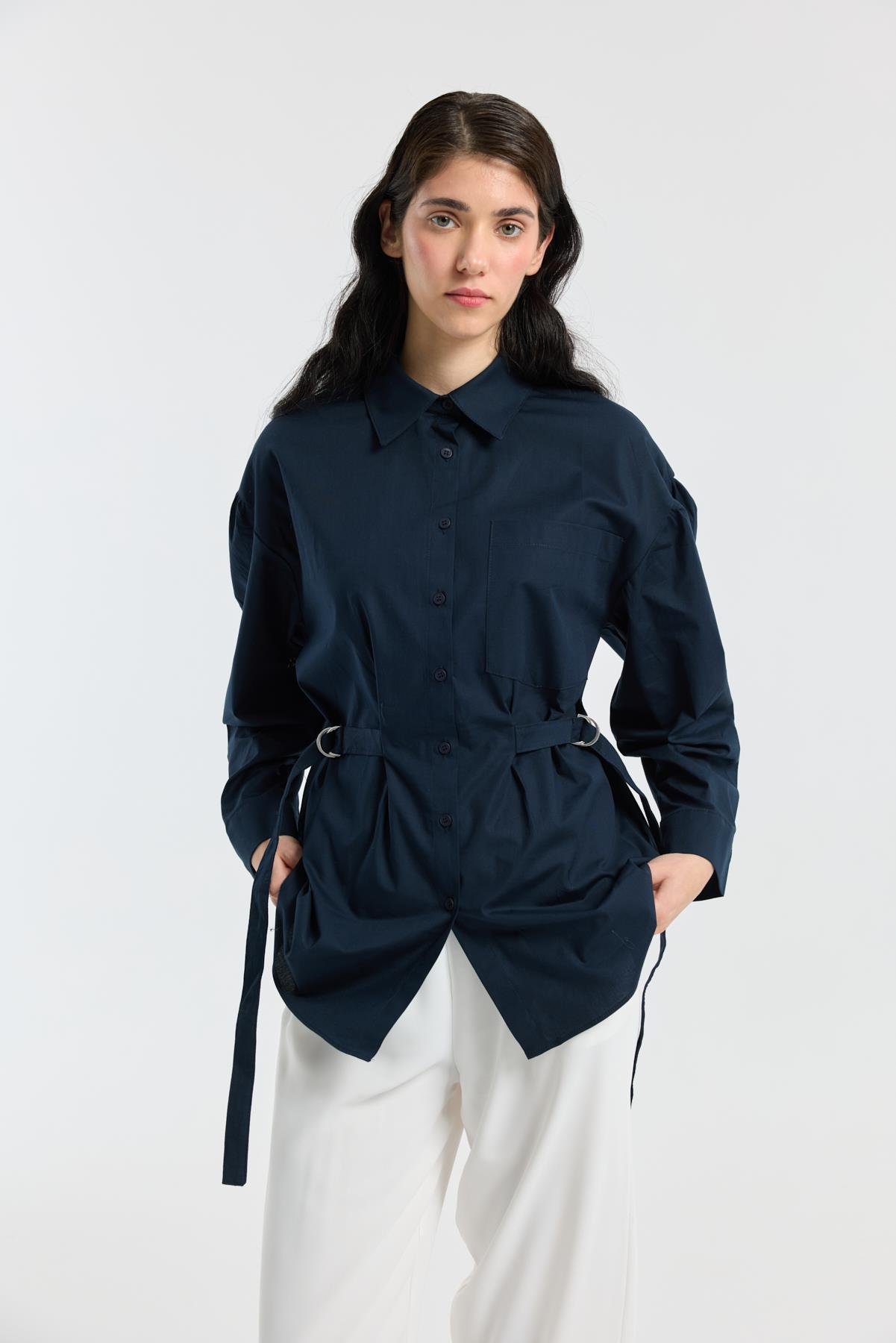 D Tokalı Balon Kol Poplin Gömlek - Lacivert