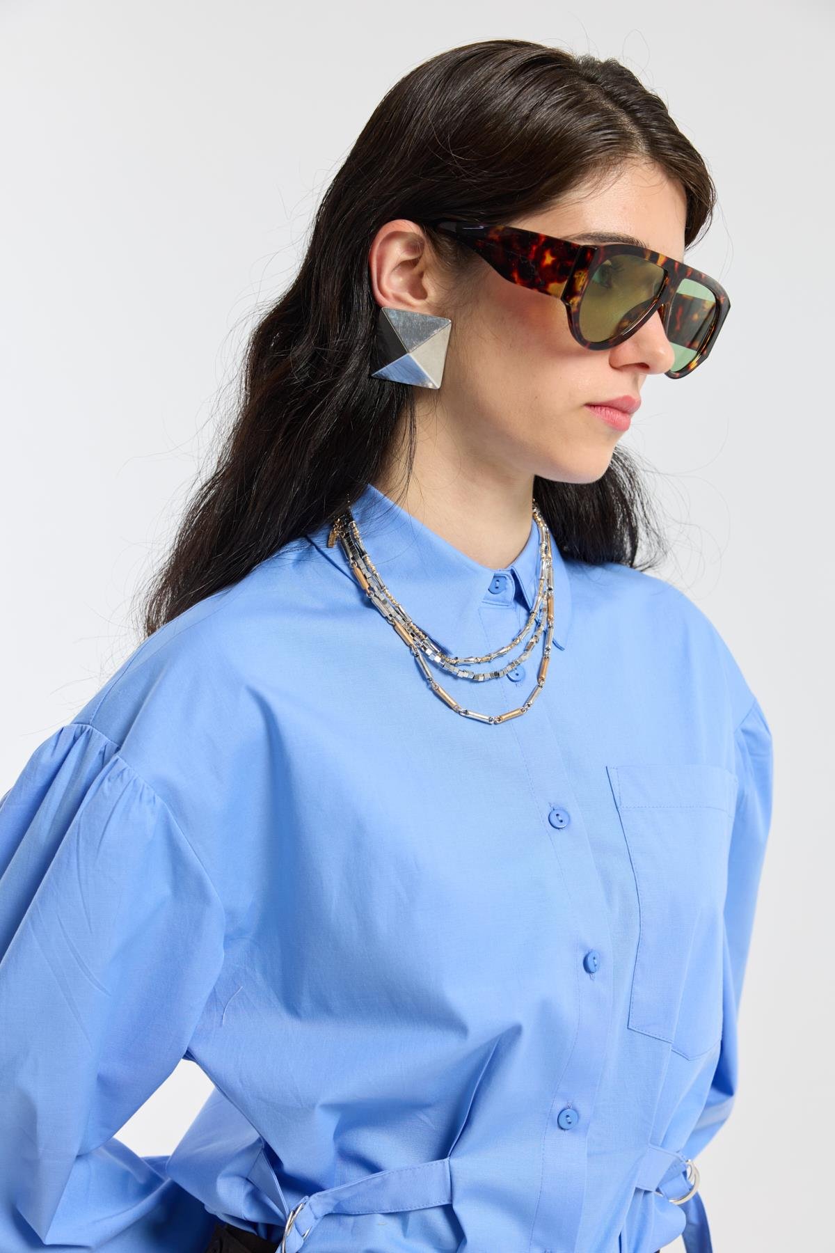 D Tokalı Balon Kol Poplin Gömlek - Mavi